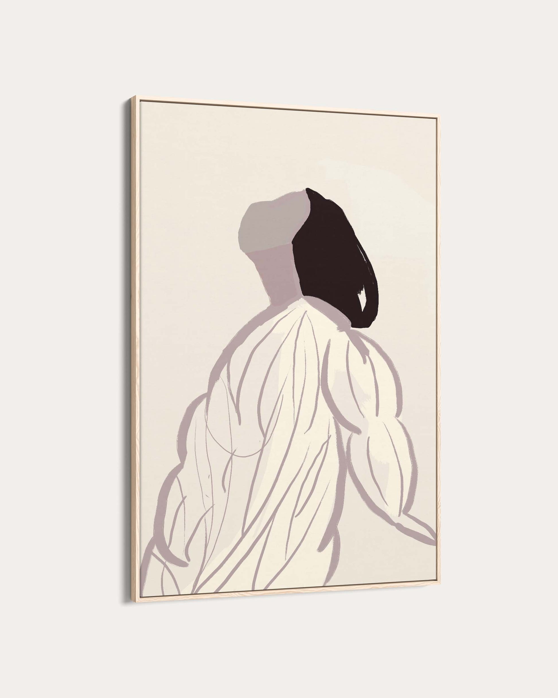 Framed artwork of a stylized silhouette on a beige background