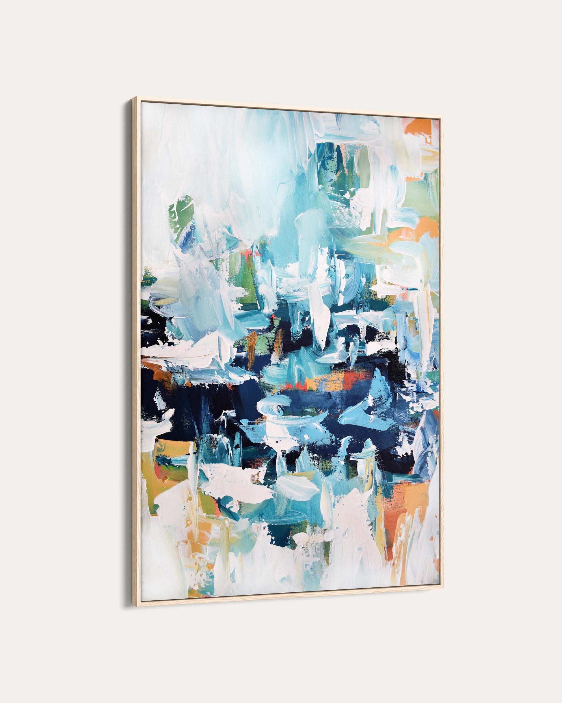 Abstract art painting with a gold frame on a white background