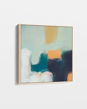 Abstract painting with blue, yellow, and white on a light gray background