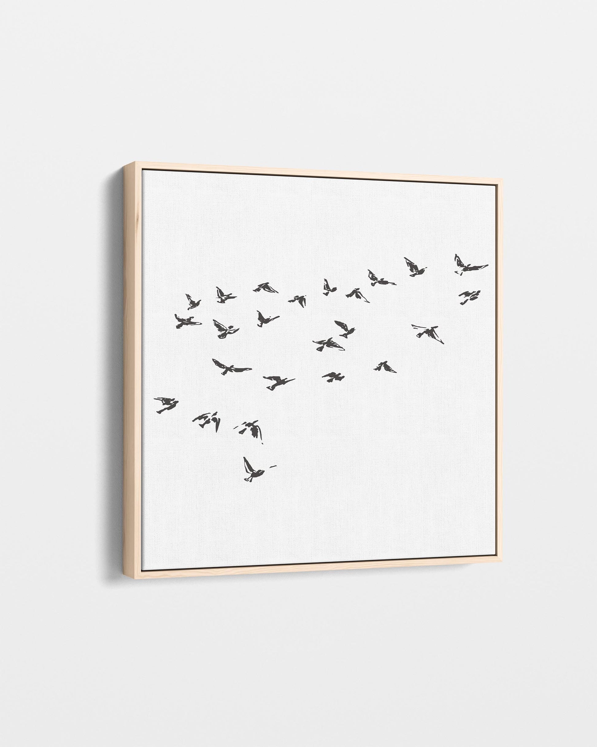 Framed artwork of birds in flight on a white background