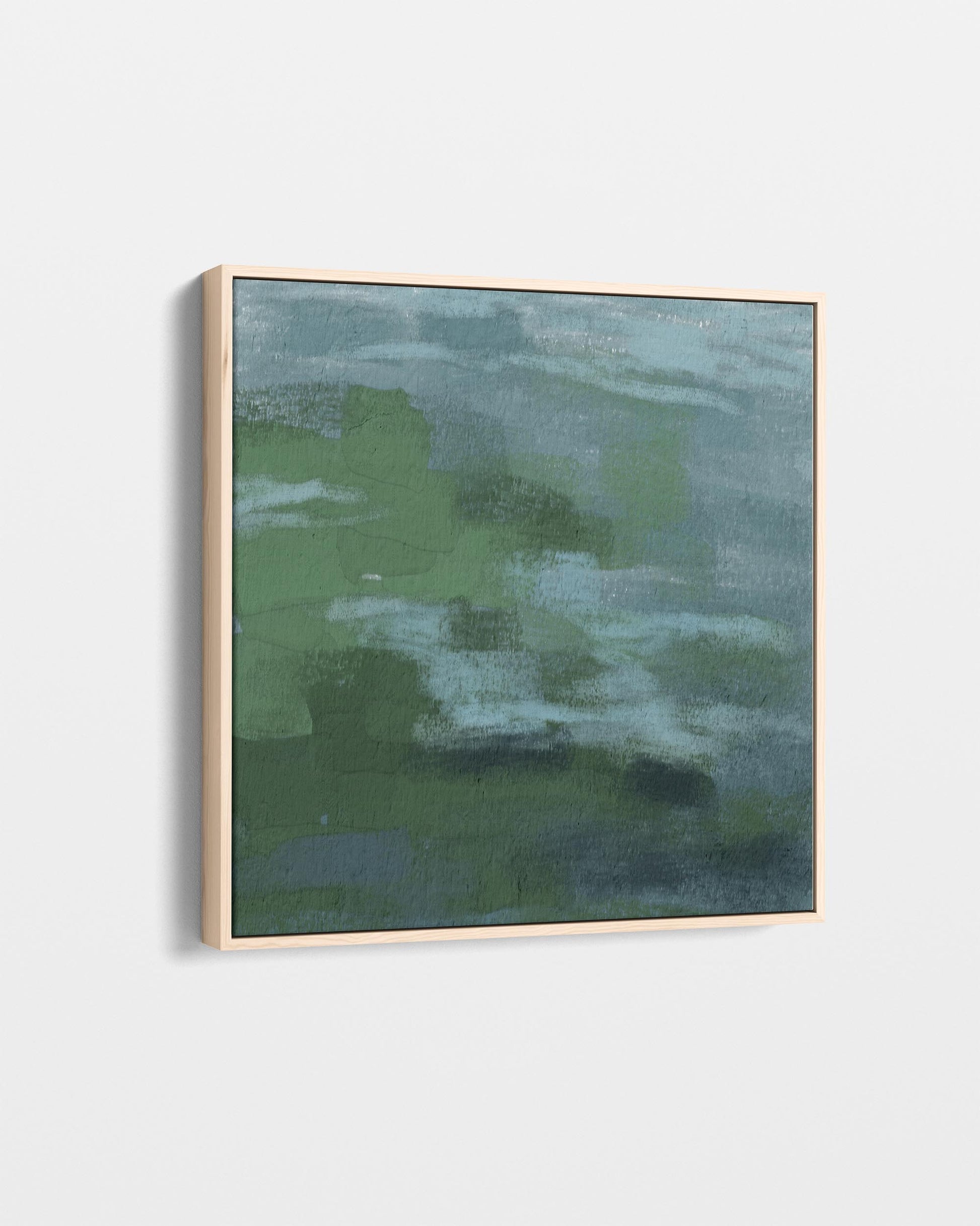 Abstract art piece with green and blue tones on a white background