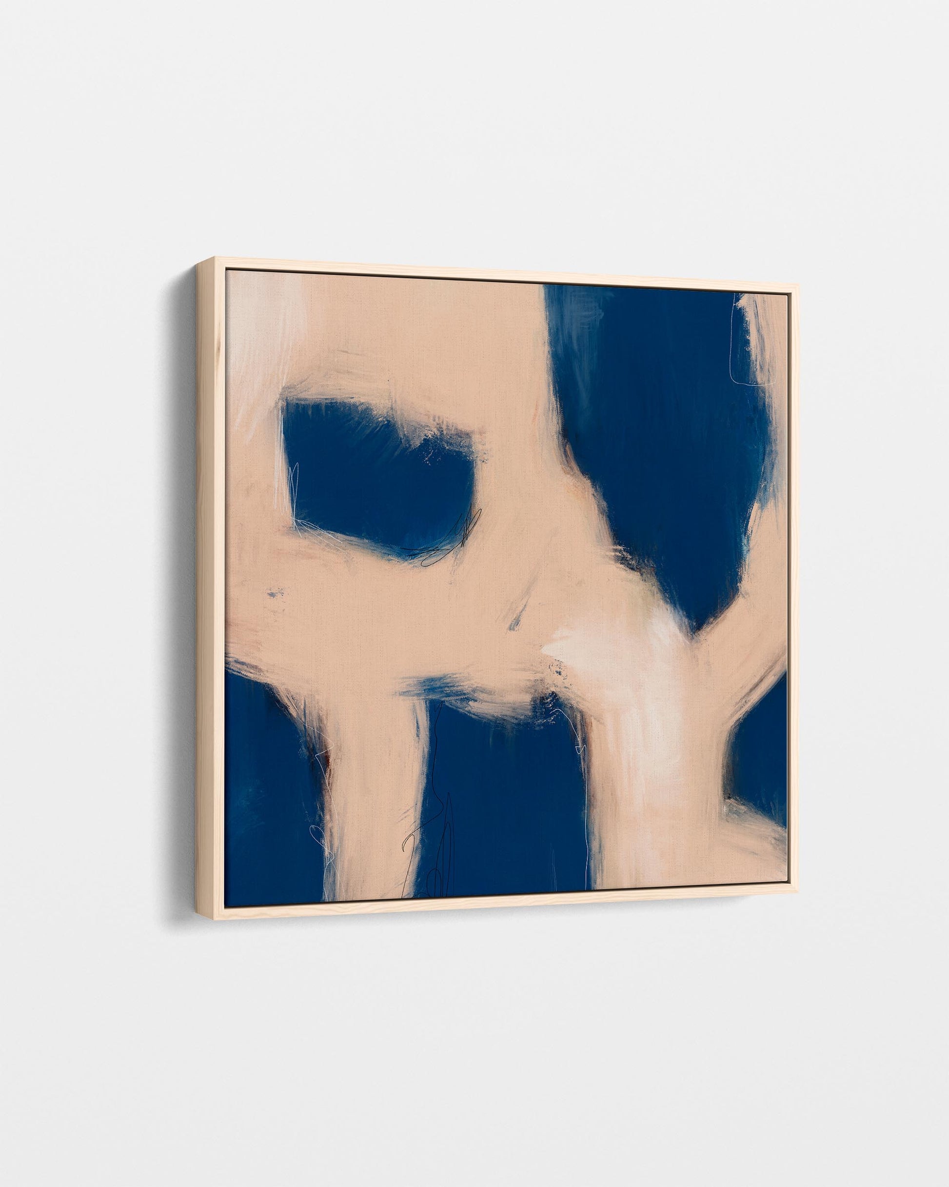 Abstract art piece with blue and beige colors on a white background