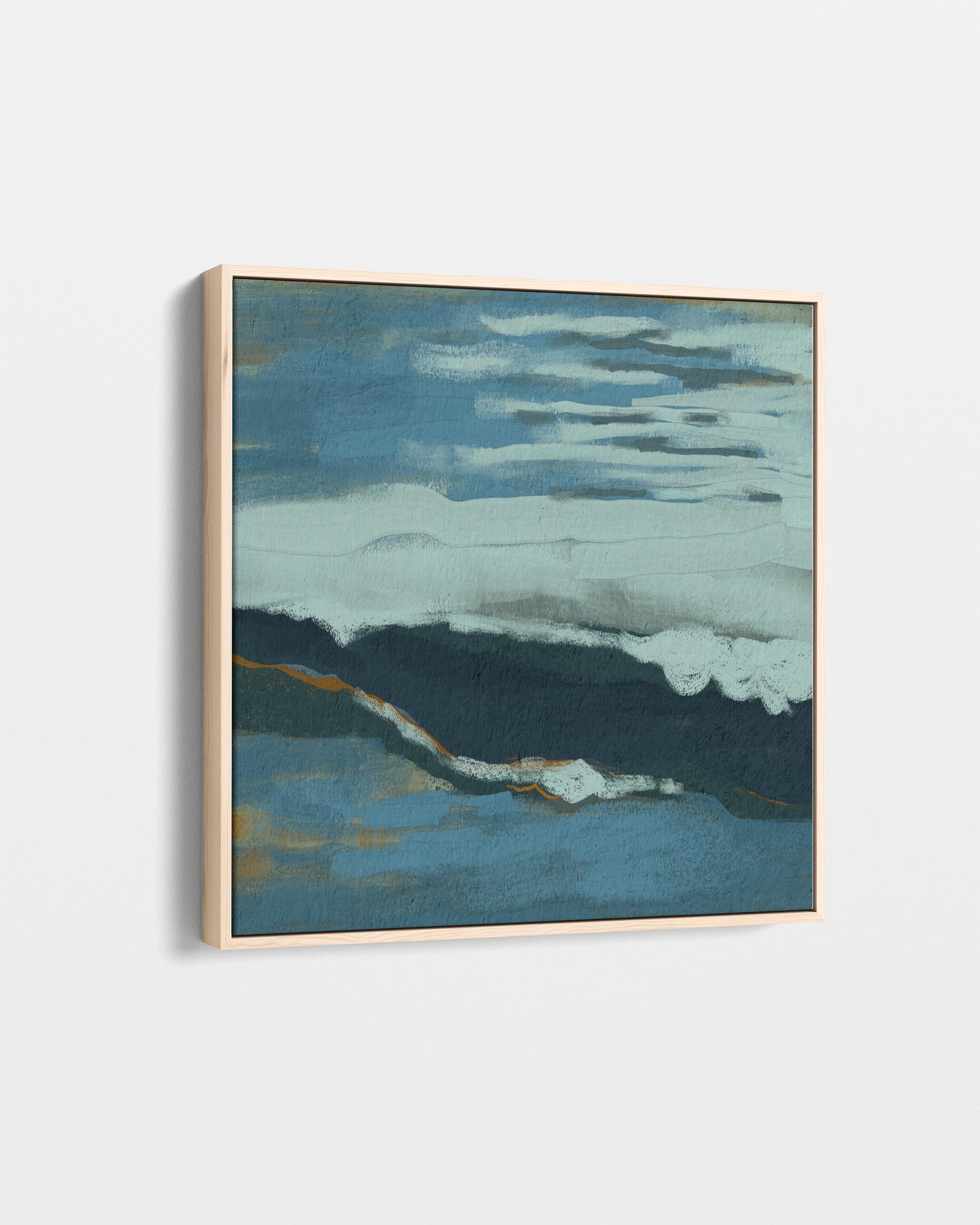 Abstract art piece with blue and white tones on a light gray background