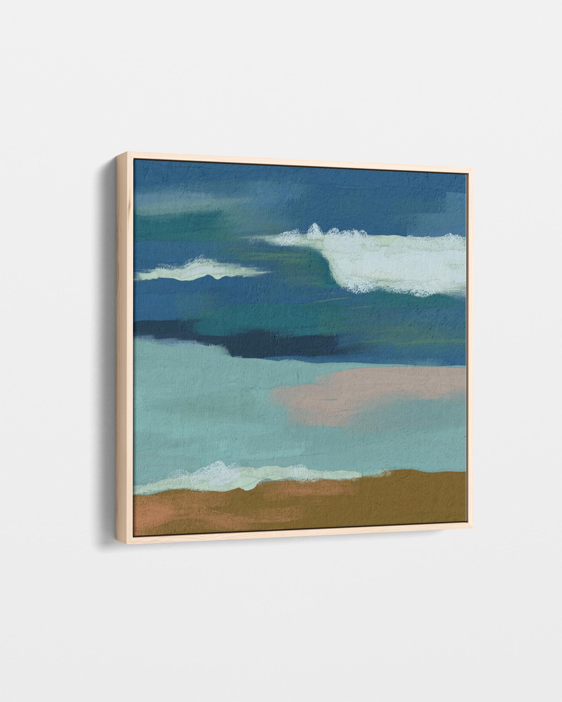 Abstract painting with blue, green, and brown colors on a white background