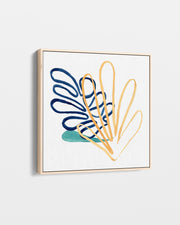 Abstract art print with blue and gold shapes on a white background
