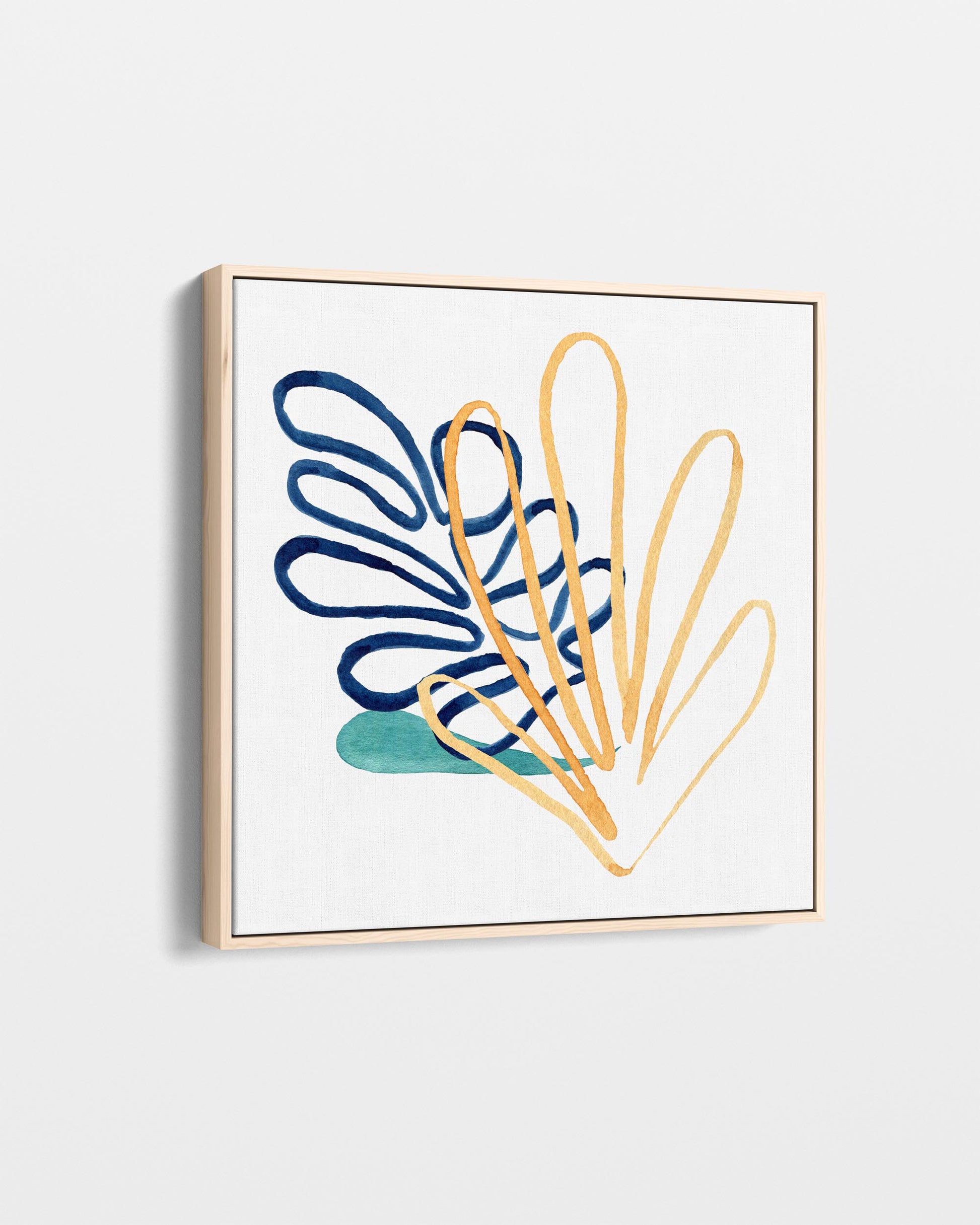 Abstract art print with blue and gold shapes on a white background