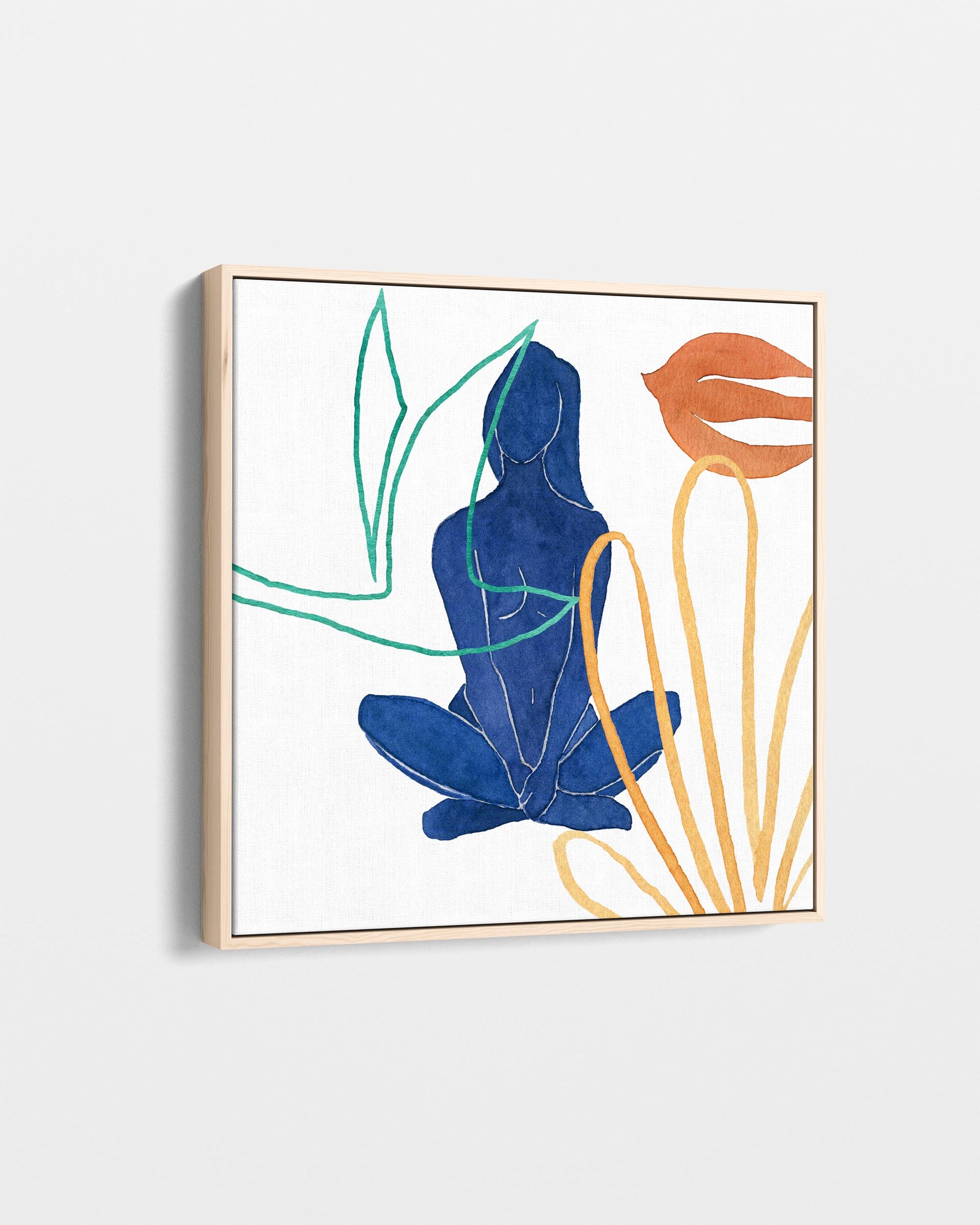 Abstract art print with a blue figure and green and orange leaves on a white background