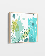 Abstract art print with blue and green splashes on a white background