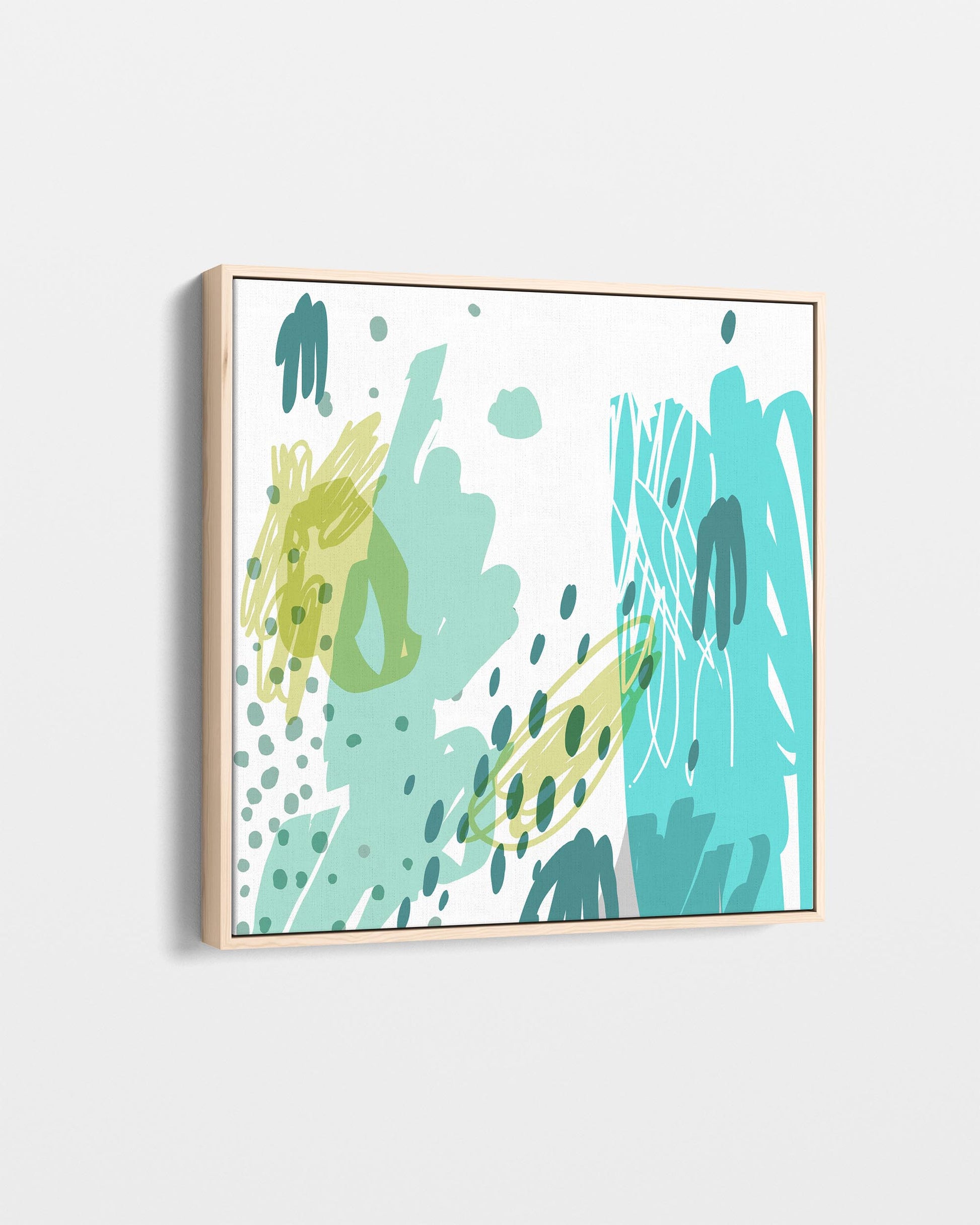 Abstract art print with blue and green splashes on a white background