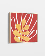 Abstract art print with yellow shapes on a red background