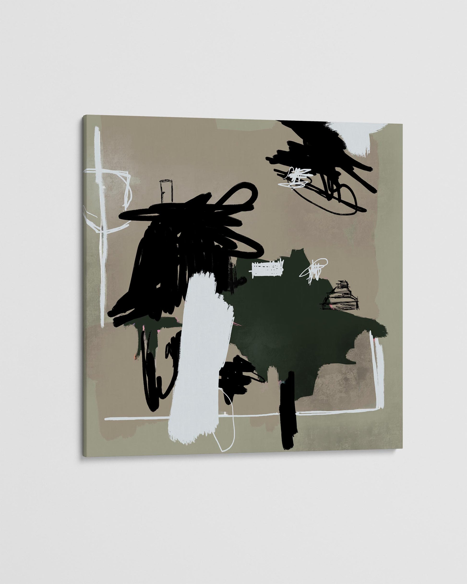 Abstract art piece with black, white, and green shapes on a beige background