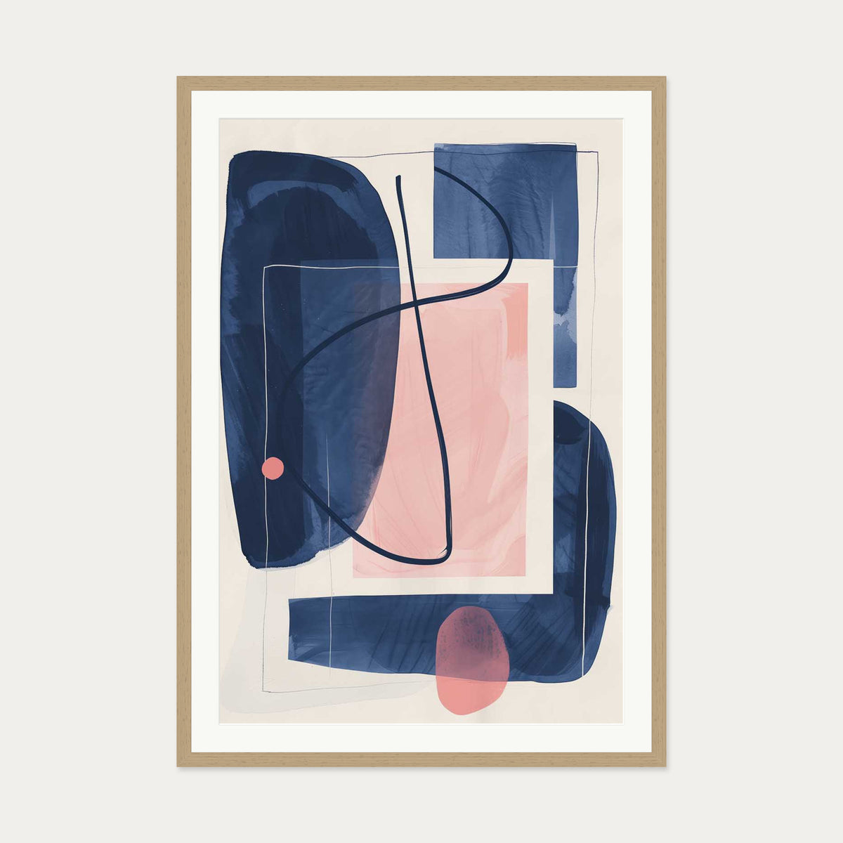 Navy And Pink Wall Art Print — 70 x 100 cm — Oak Frame