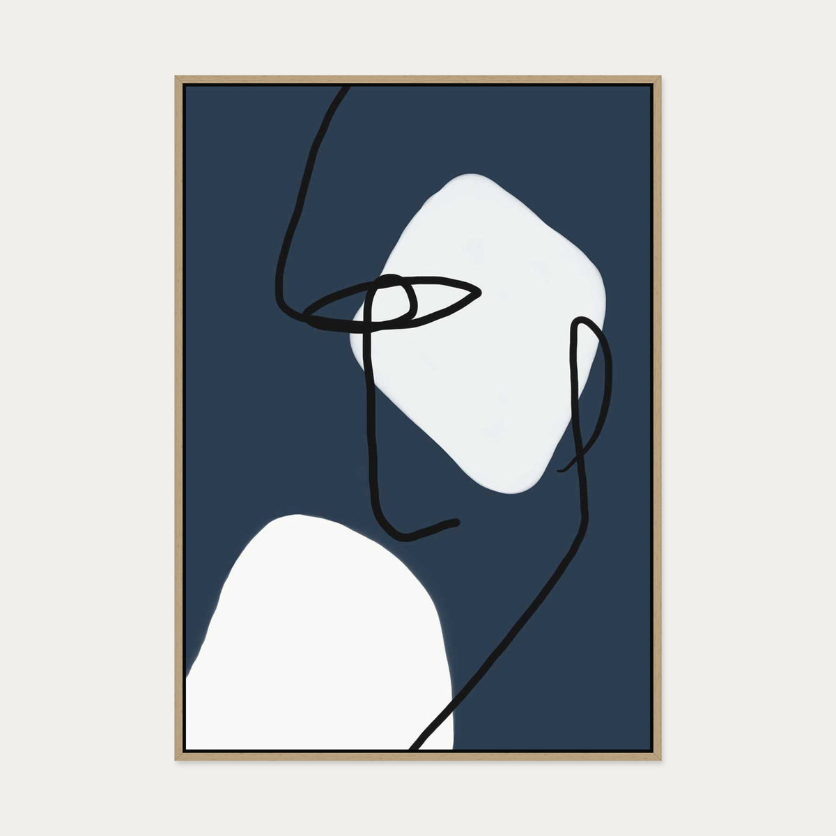 Navy Blue Lines Canvas Art — 70 x 100 cm — Oak Frame
