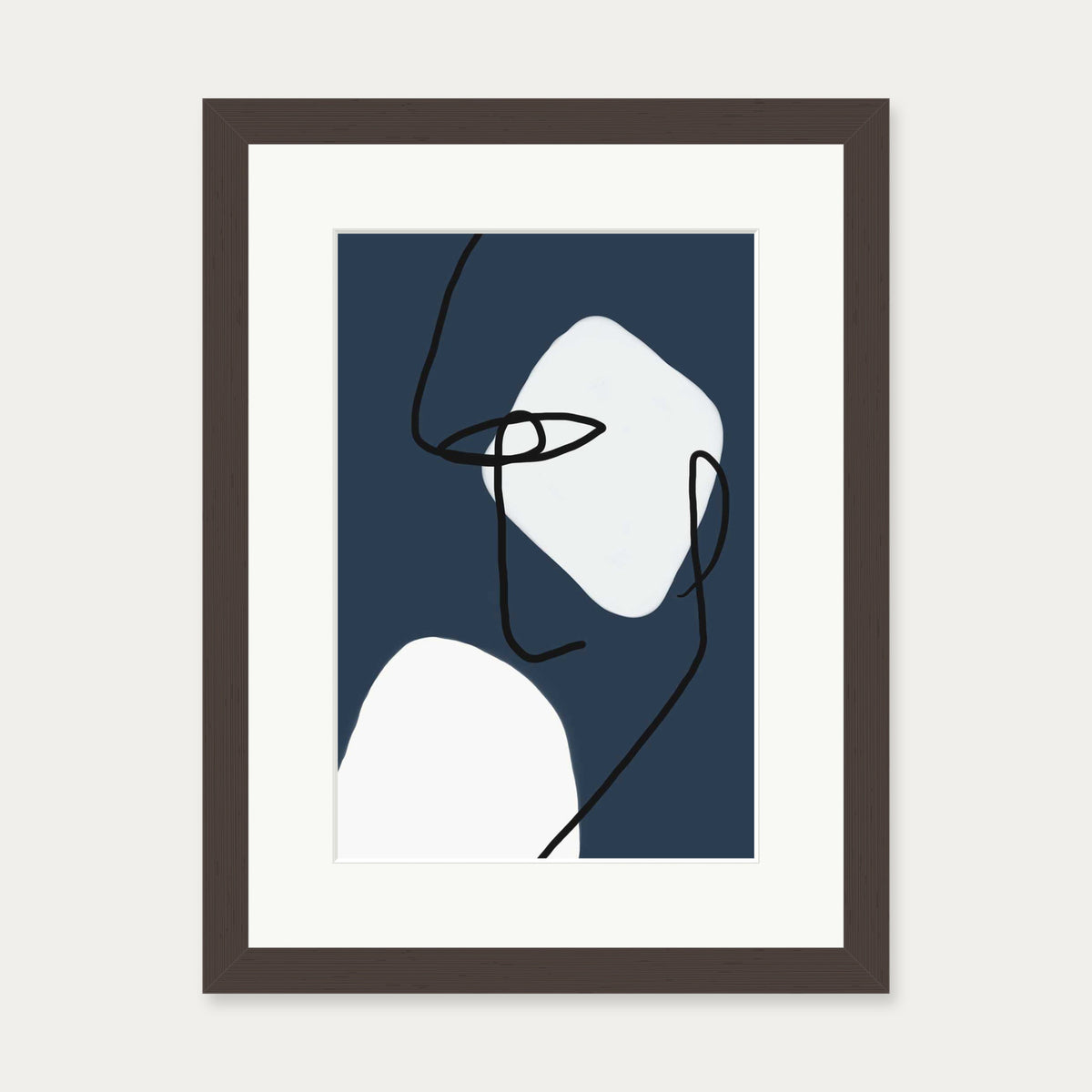 Navy Blues Line Art Print — 30 x 40 cm — Brown Frame