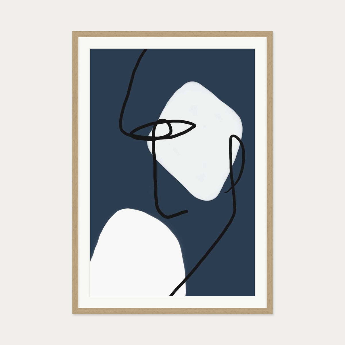 Navy Blues Line Art Print — 70 x 100 cm — Oak Frame