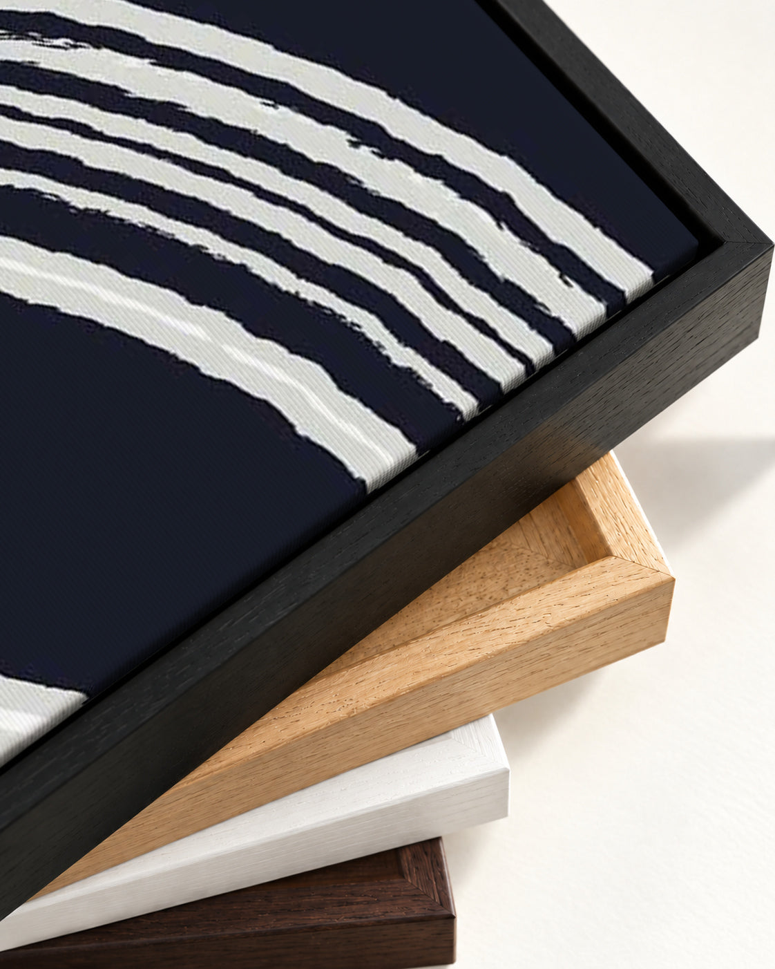 Navy Retro Curve Canvas Art — framed canvas corner and wrapped canvas detail