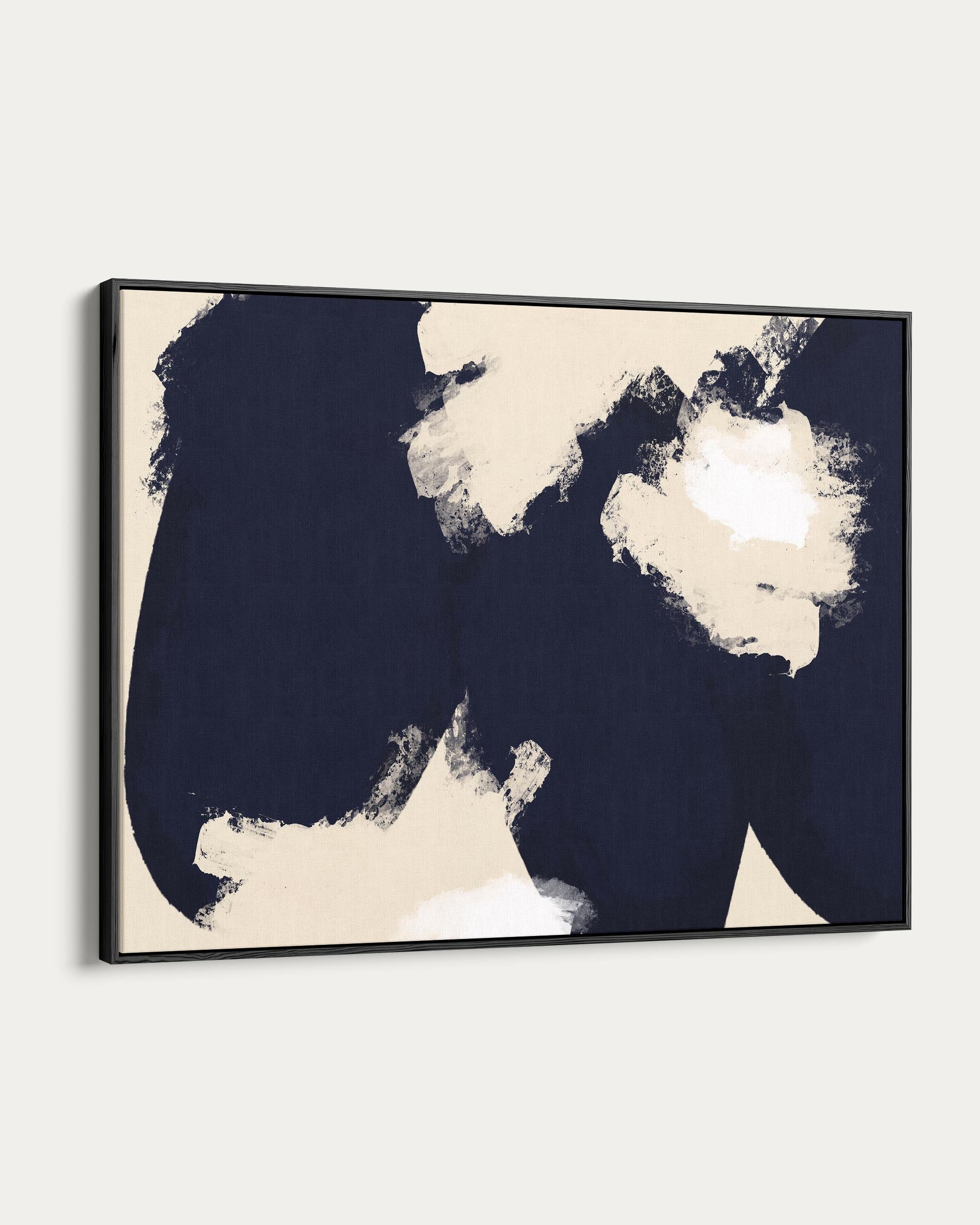 Abstract art piece with black and white abstract shapes on a blue background