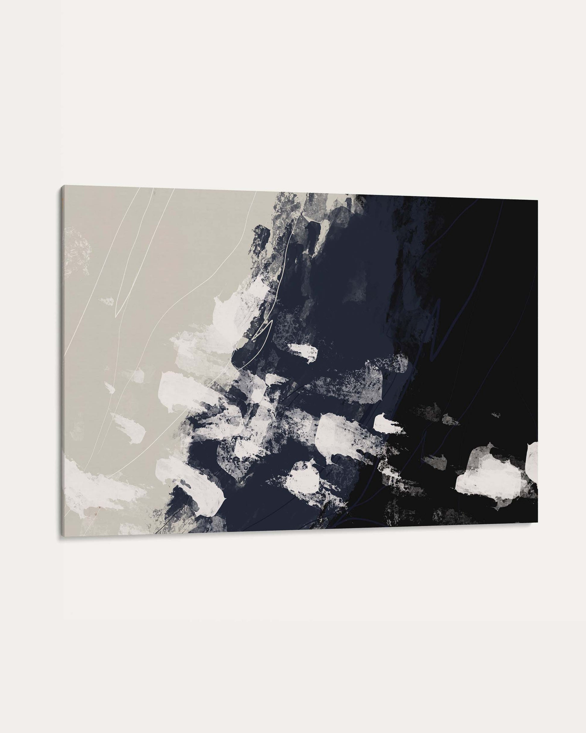 Abstract art piece with black, white, and gray colors on a light gray background