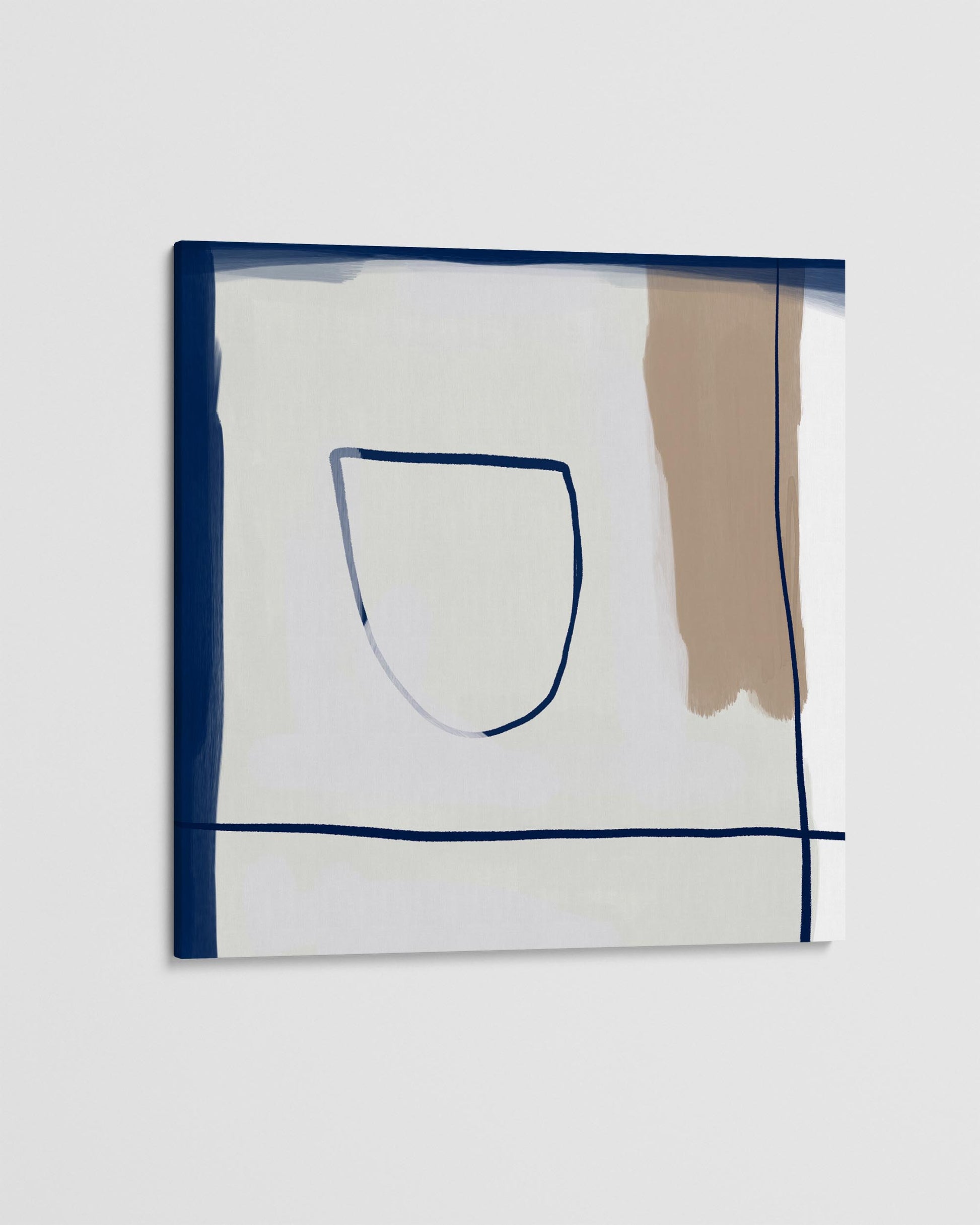 Abstract art piece with blue and brown shapes on a white background