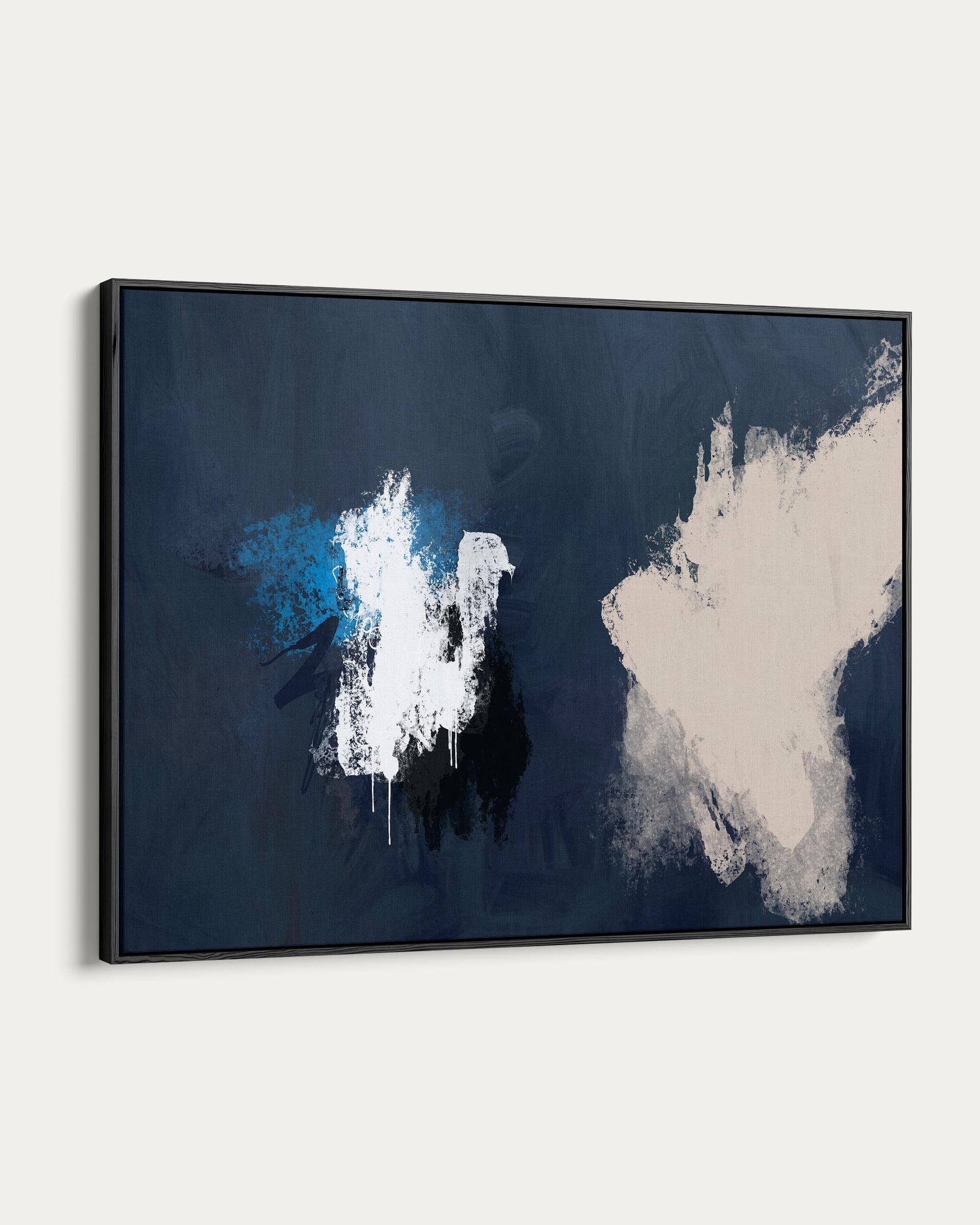 Abstract art piece with blue and white elements on a dark background