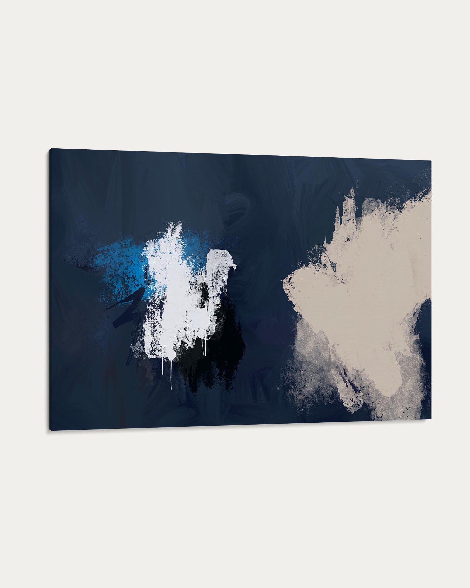 Abstract art piece with blue and white splashes on a dark background