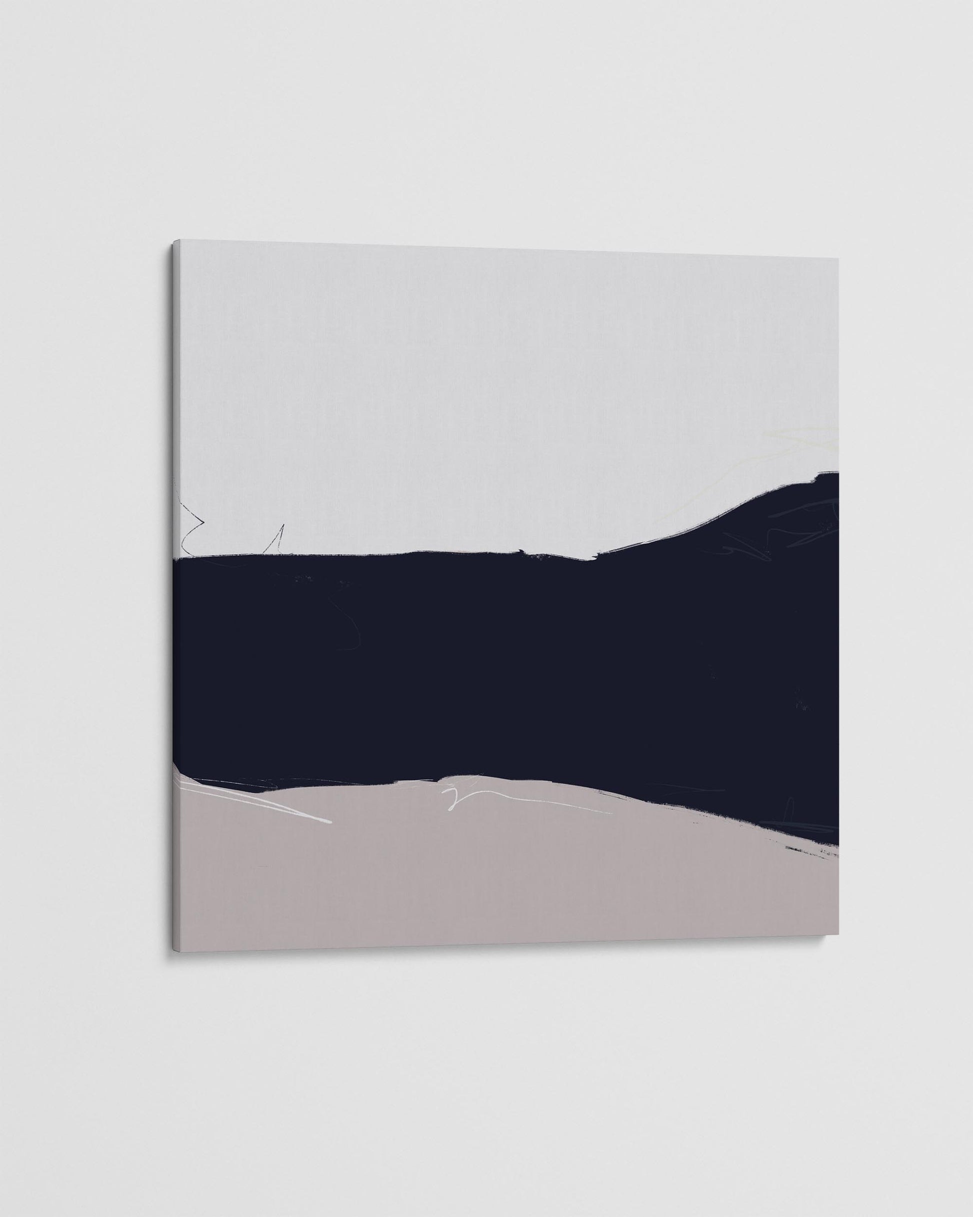 Abstract art piece with a dark blue wave-like shape on a light gray background