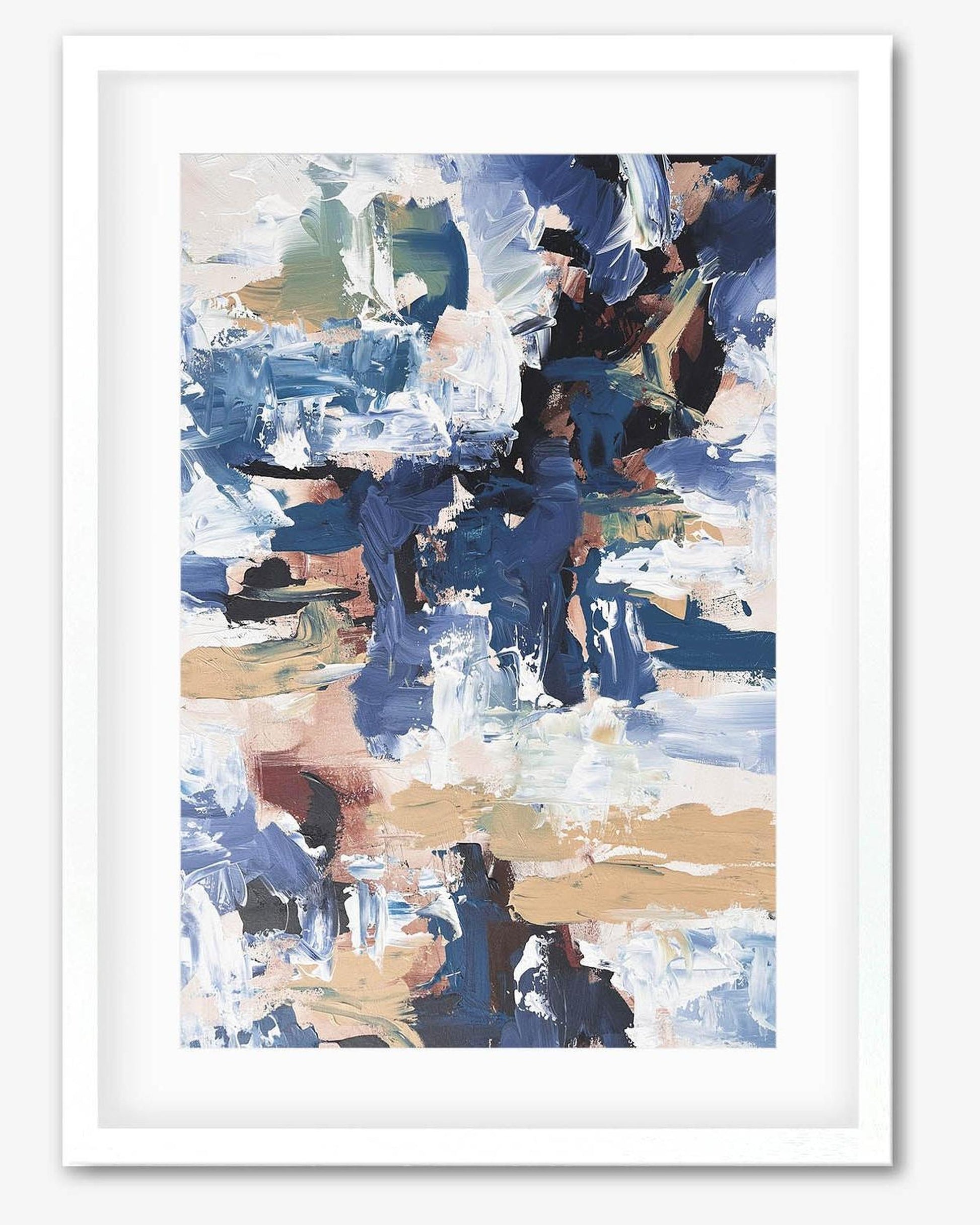 Abstract art print with blue, beige, and black colors on a white background