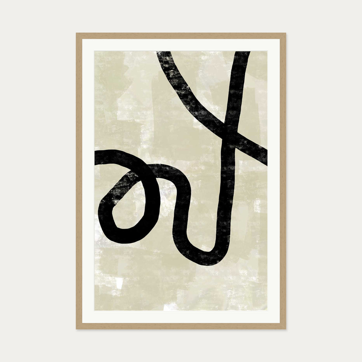 Neutral Abstract Curved Lines Art Print — 70 x 100 cm — Oak Frame
