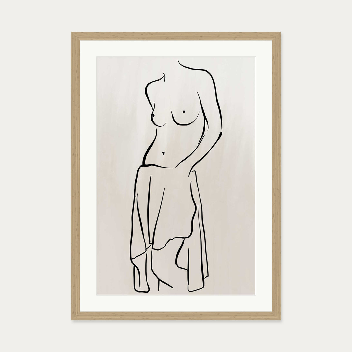 Neutral Nude Figure Line Art Print — 50 x 70 cm — Oak Frame