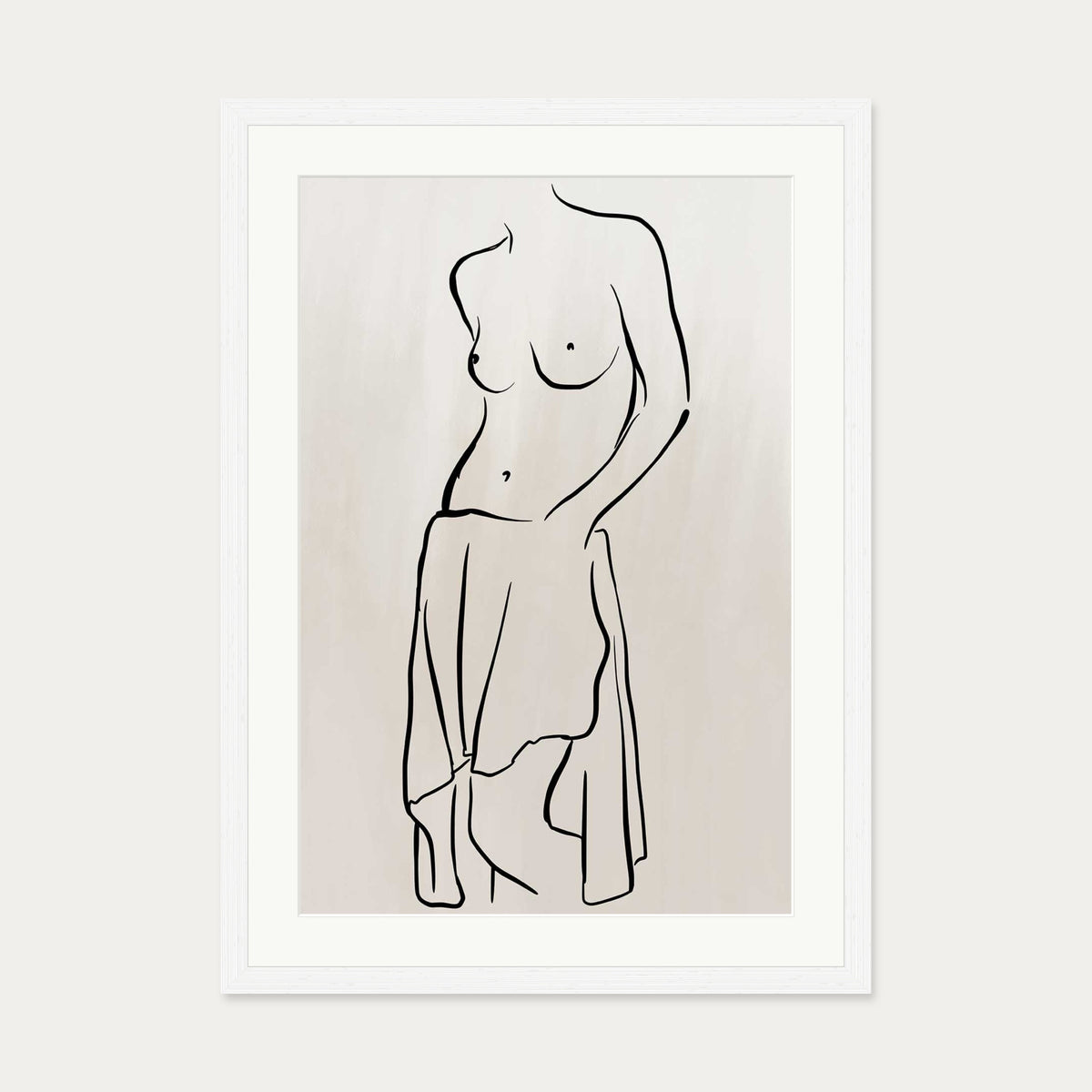 Neutral Nude Figure Line Art Print — 50 x 70 cm — White Frame