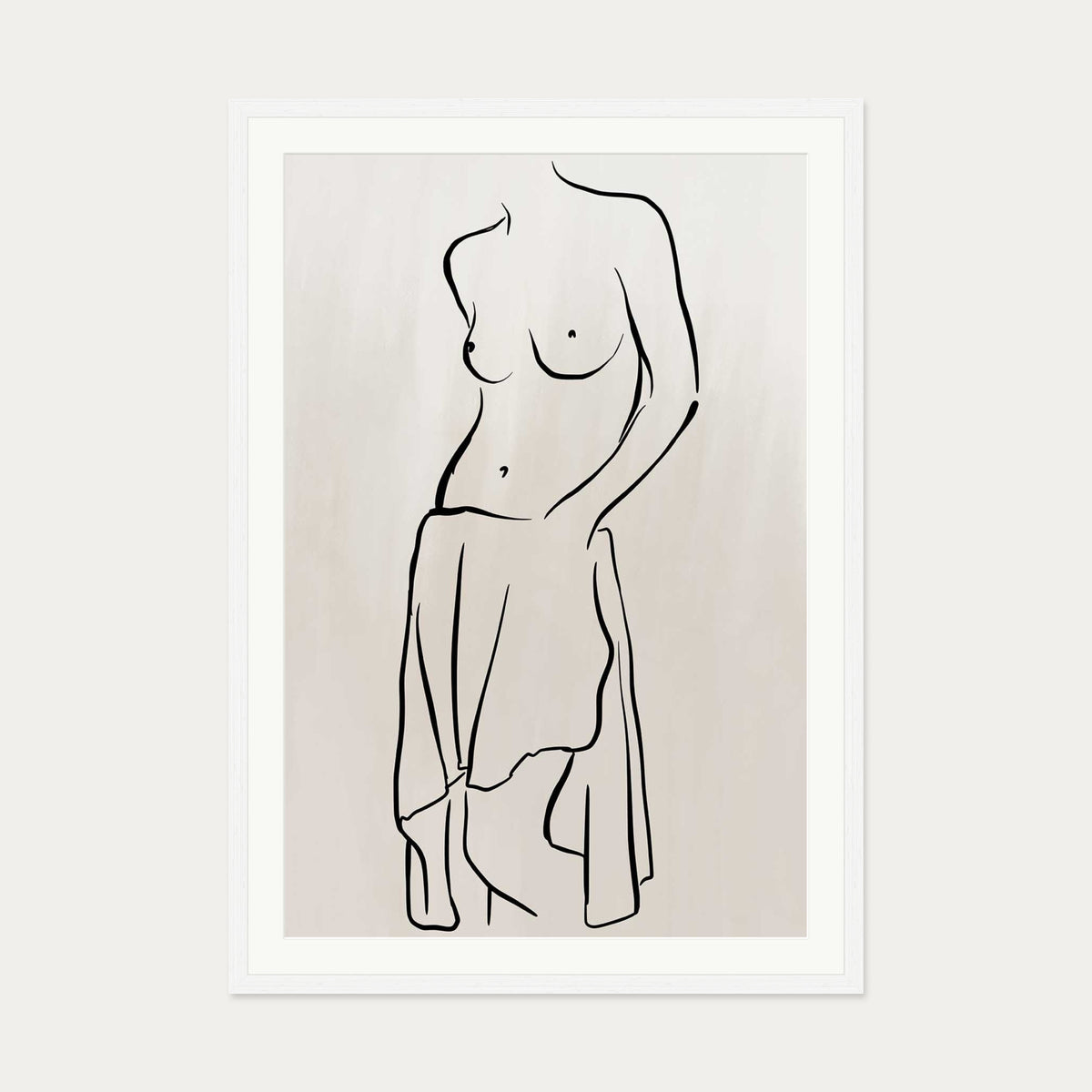 Neutral Nude Figure Line Art Print — 70 x 100 cm — White Frame