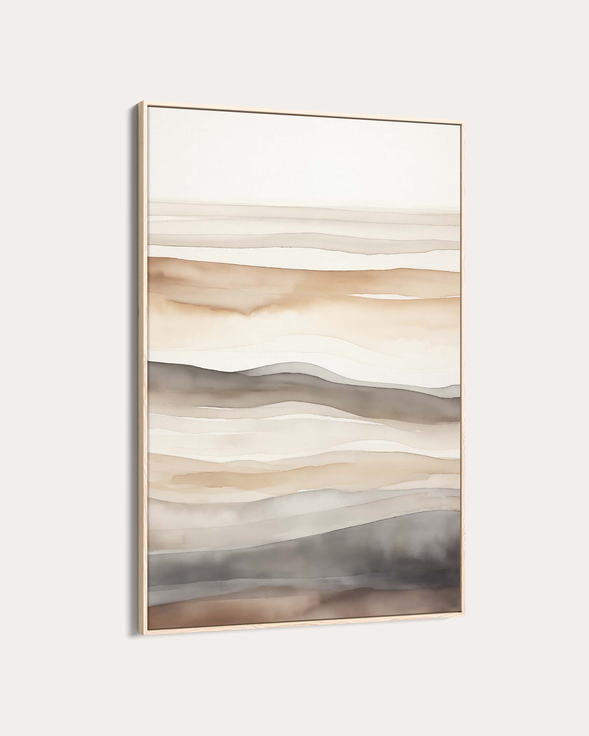 Abstract landscape painting with wavy lines in neutral colors on a white background