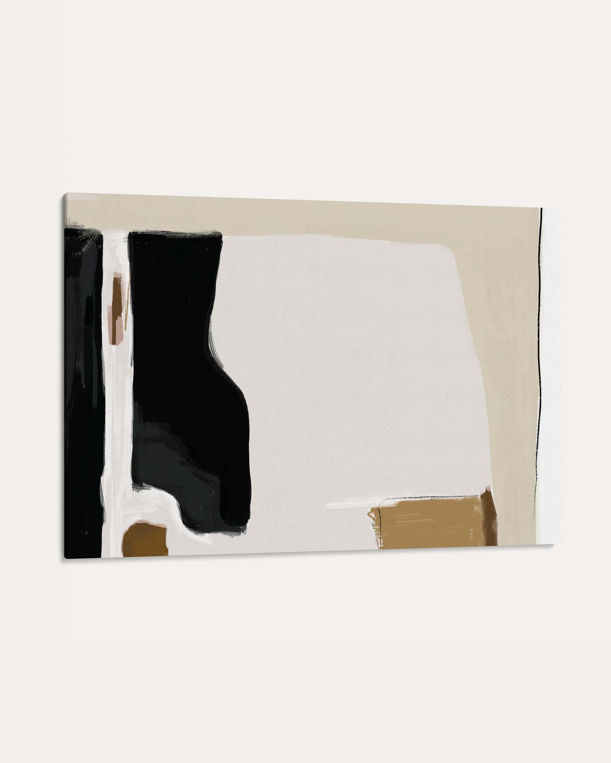 Abstract art piece with black, white, and beige colors on a white background