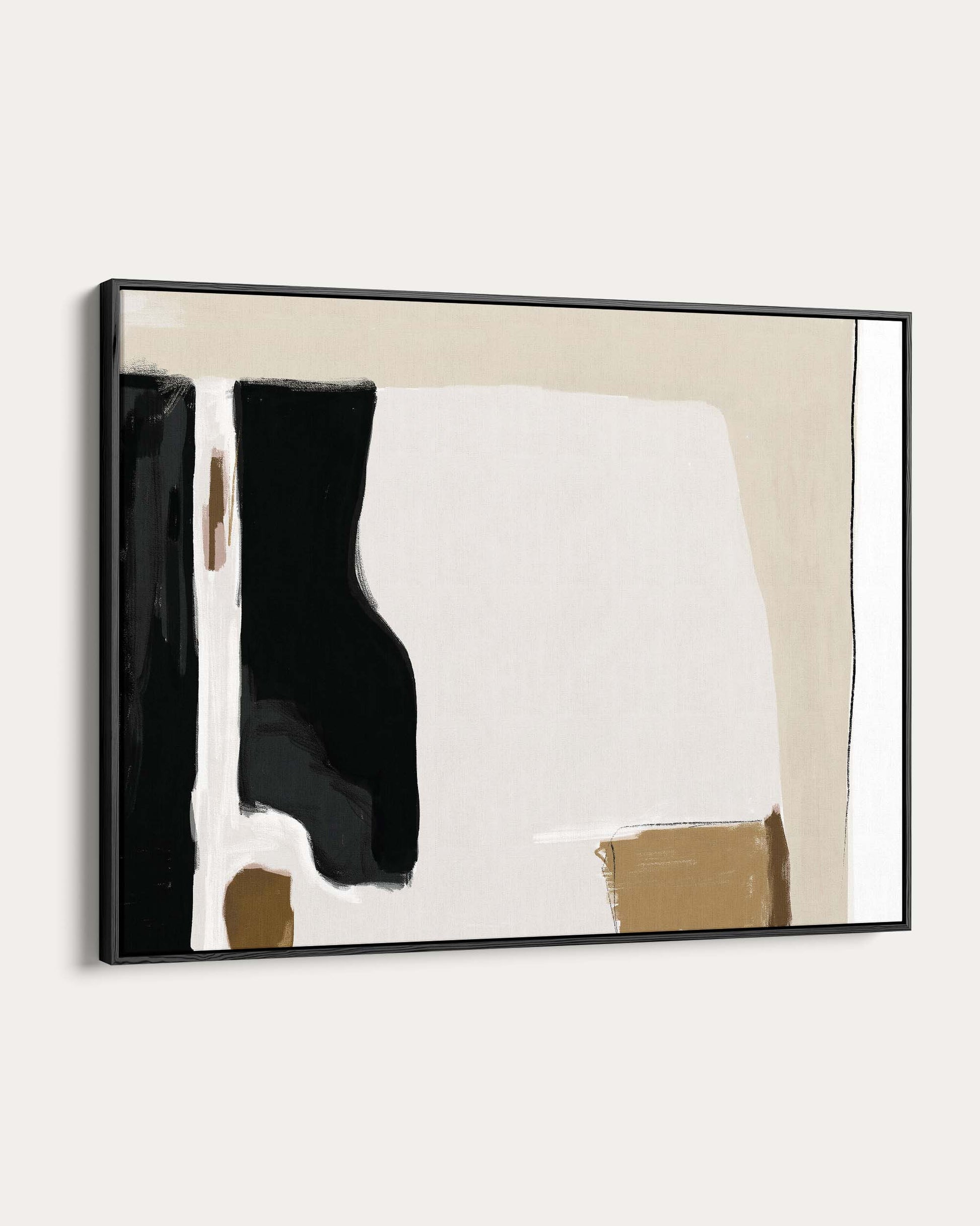 Abstract art piece with black, white, and brown shapes in a black frame on a beige background