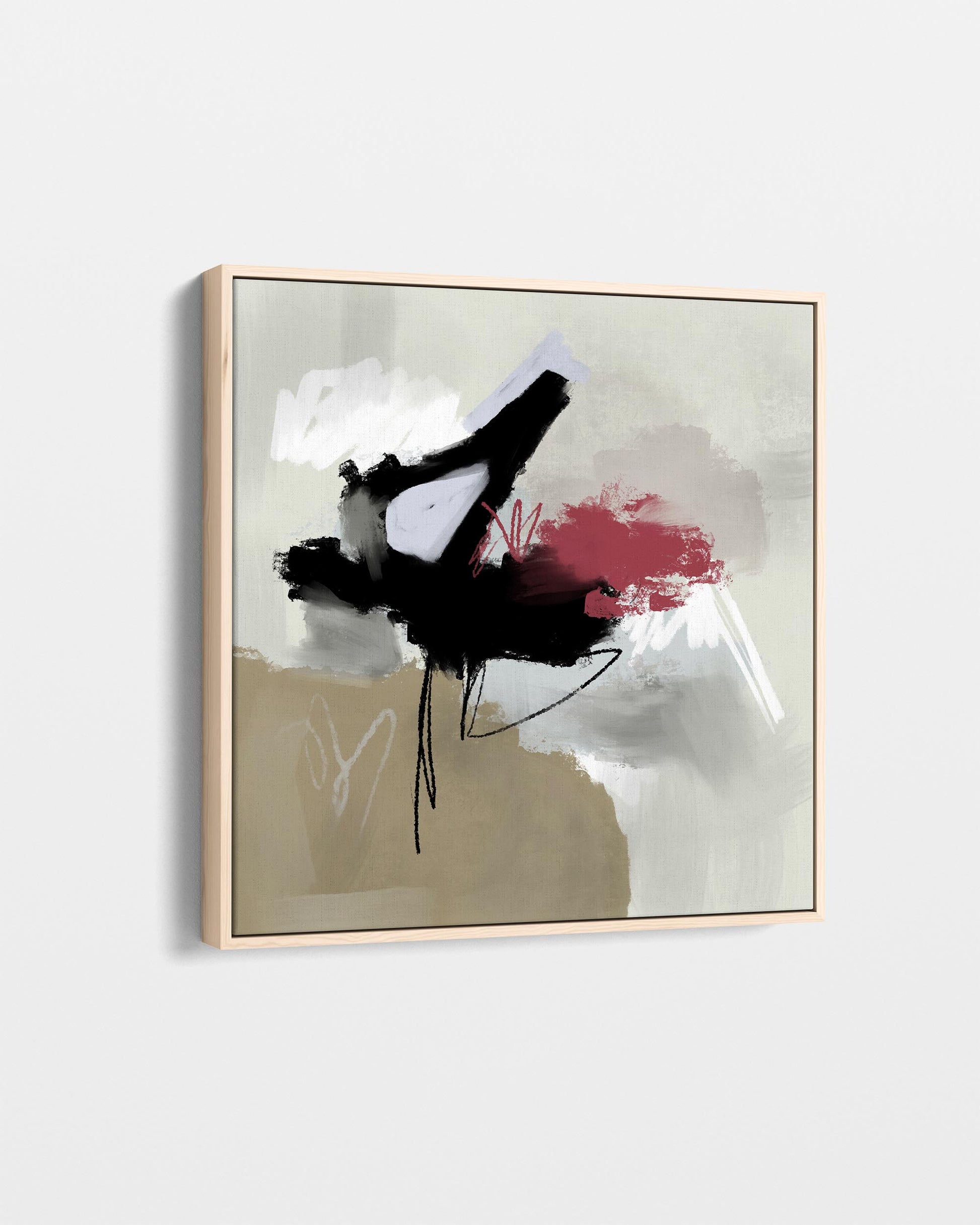 Abstract art piece with a gold frame on a light gray background