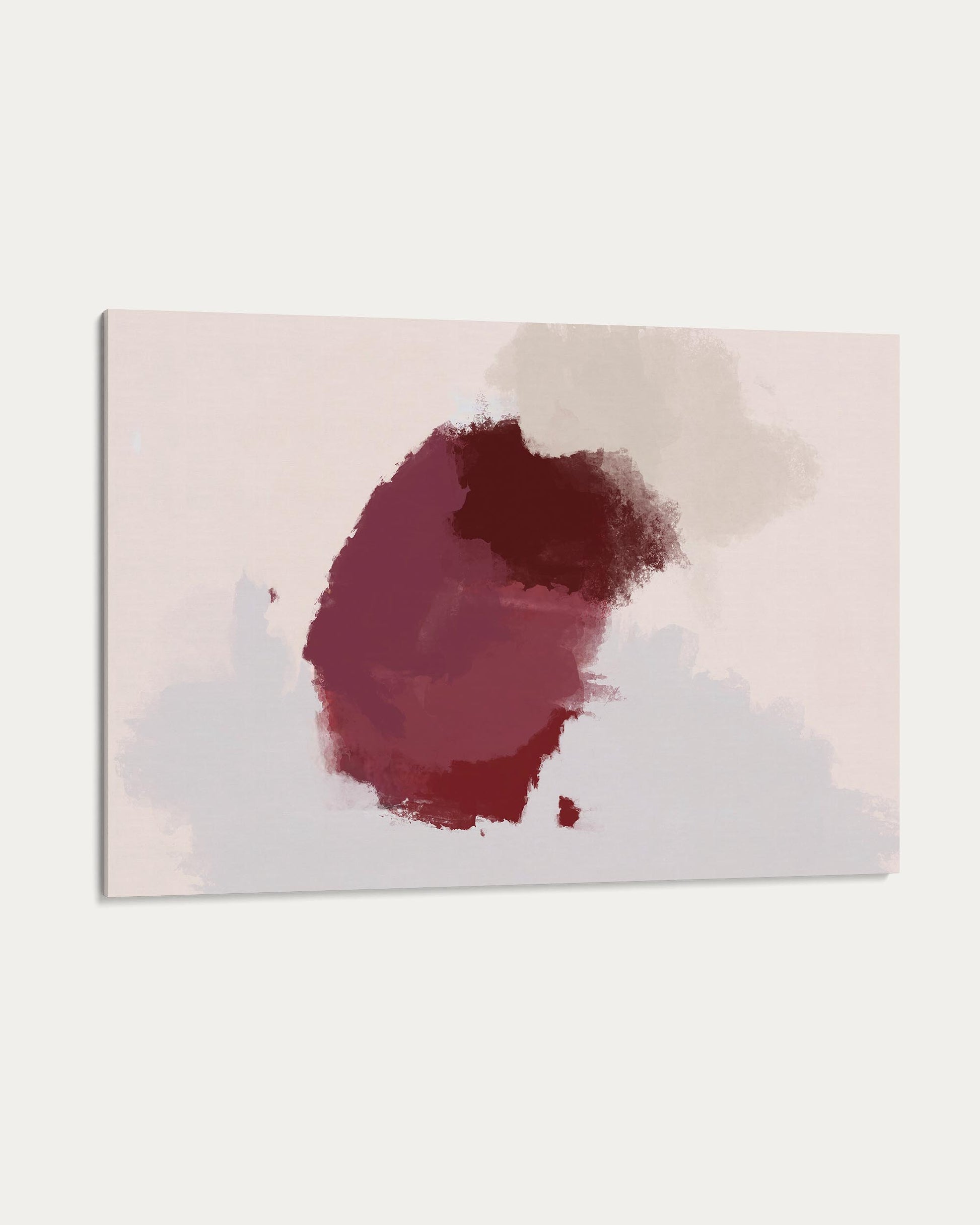 Abstract art piece with a red and black shape on a light pink background