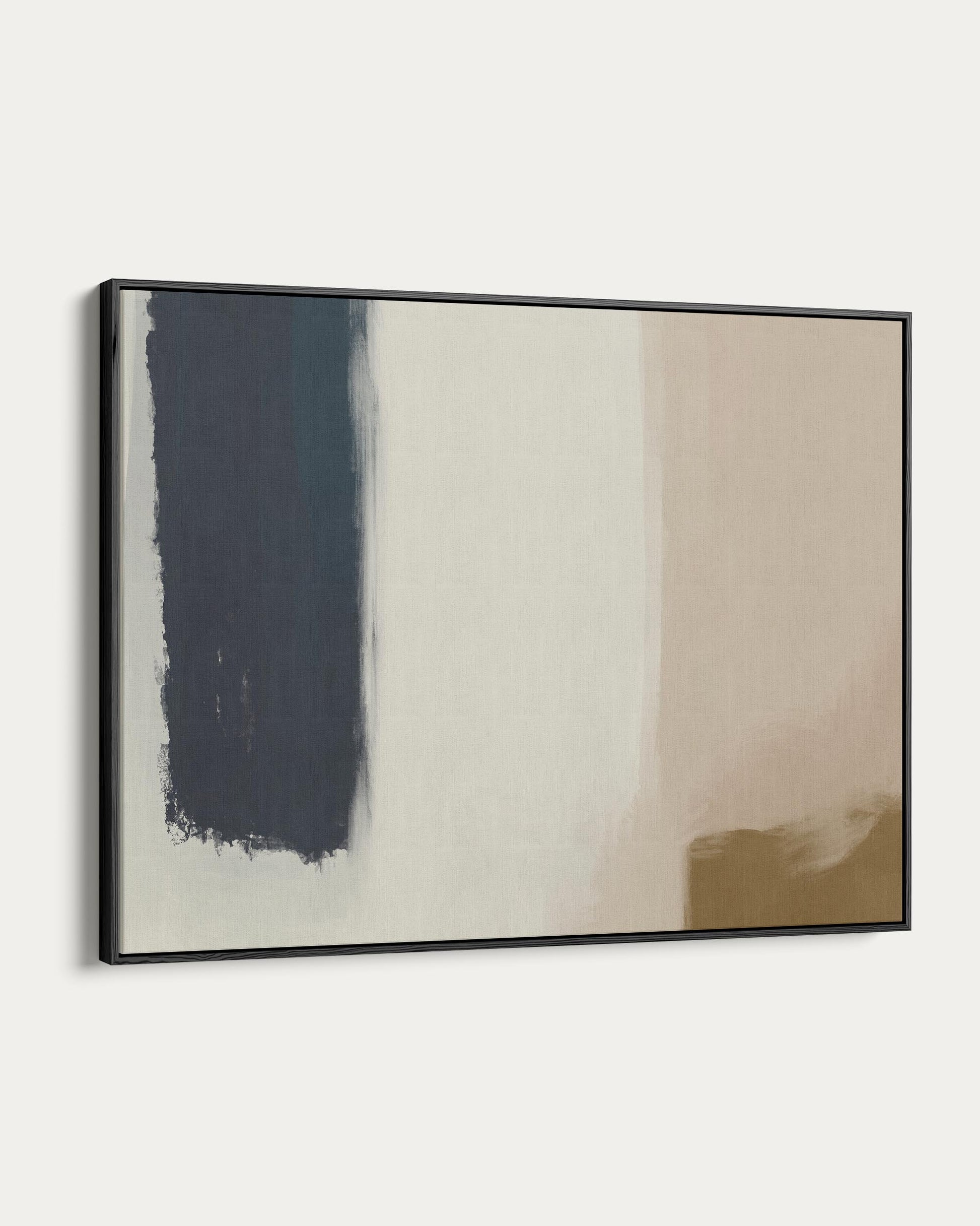 Abstract art piece with black, white, and beige colors on a white background