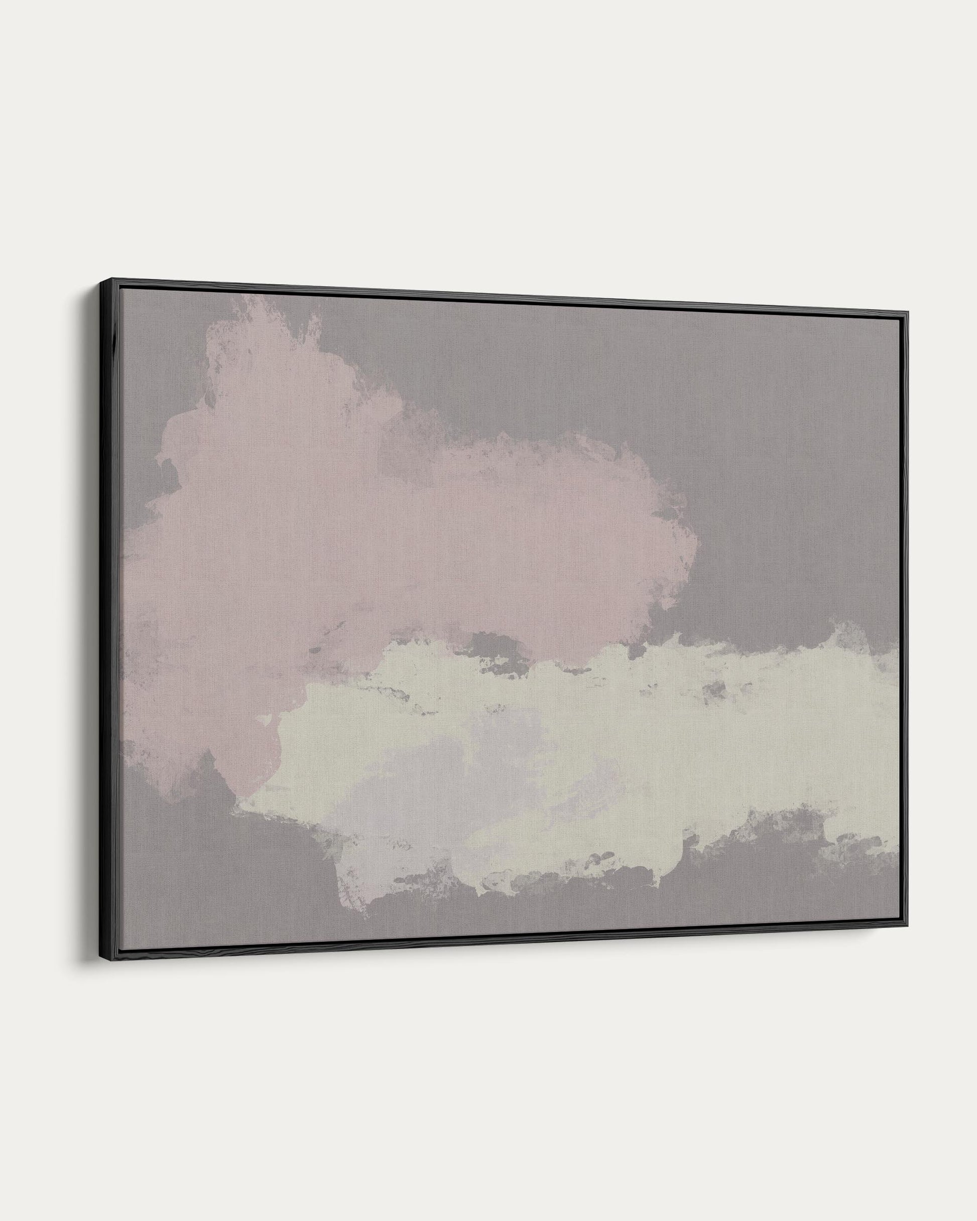 Framed abstract art with pink and green brushstrokes on a gray background