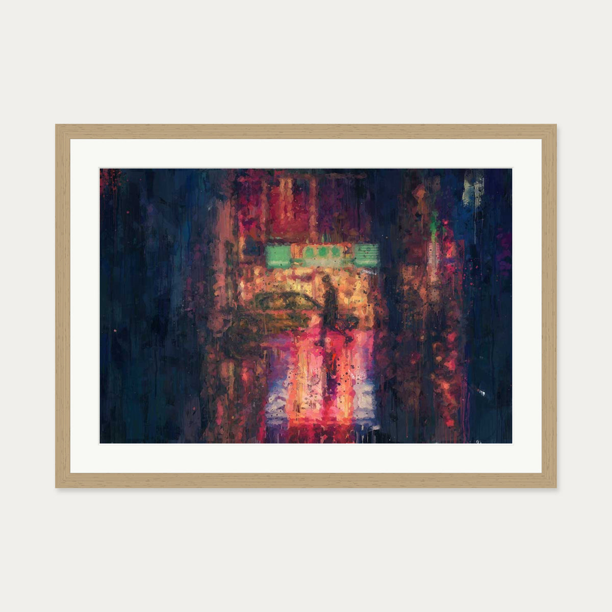 New York City At Night Impressionist Art Print — 50 x 70 cm — Oak Frame