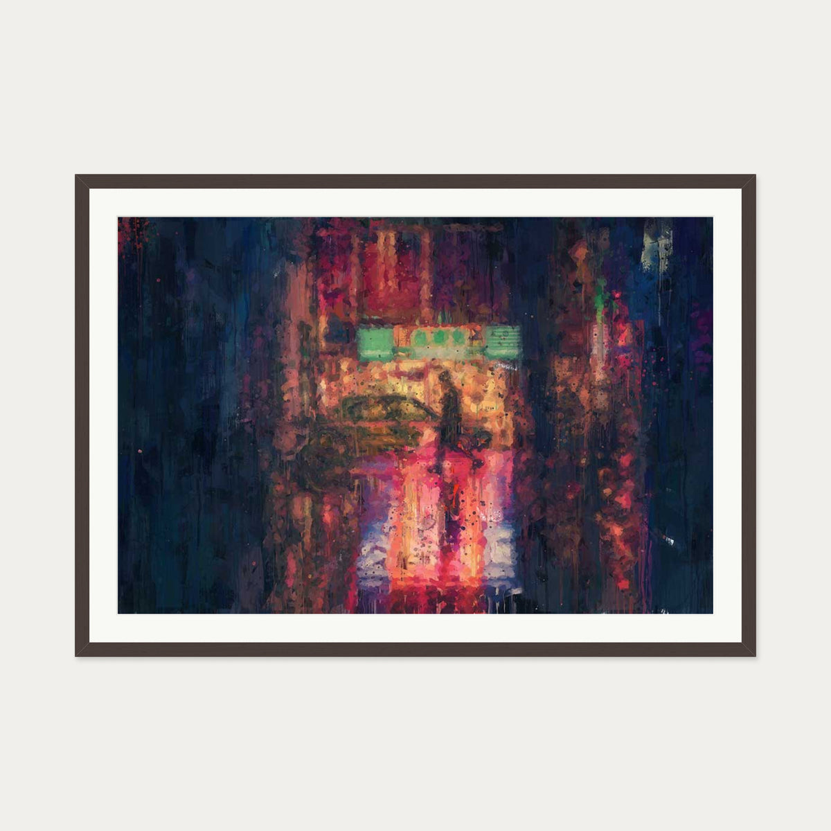 New York City At Night Impressionist Art Print — 70 x 100 cm — Brown Frame