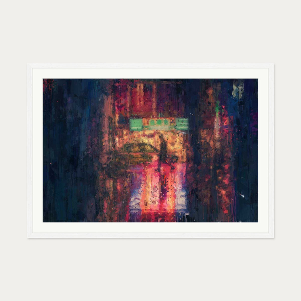New York City At Night Impressionist Art Print — 70 x 100 cm — White Frame