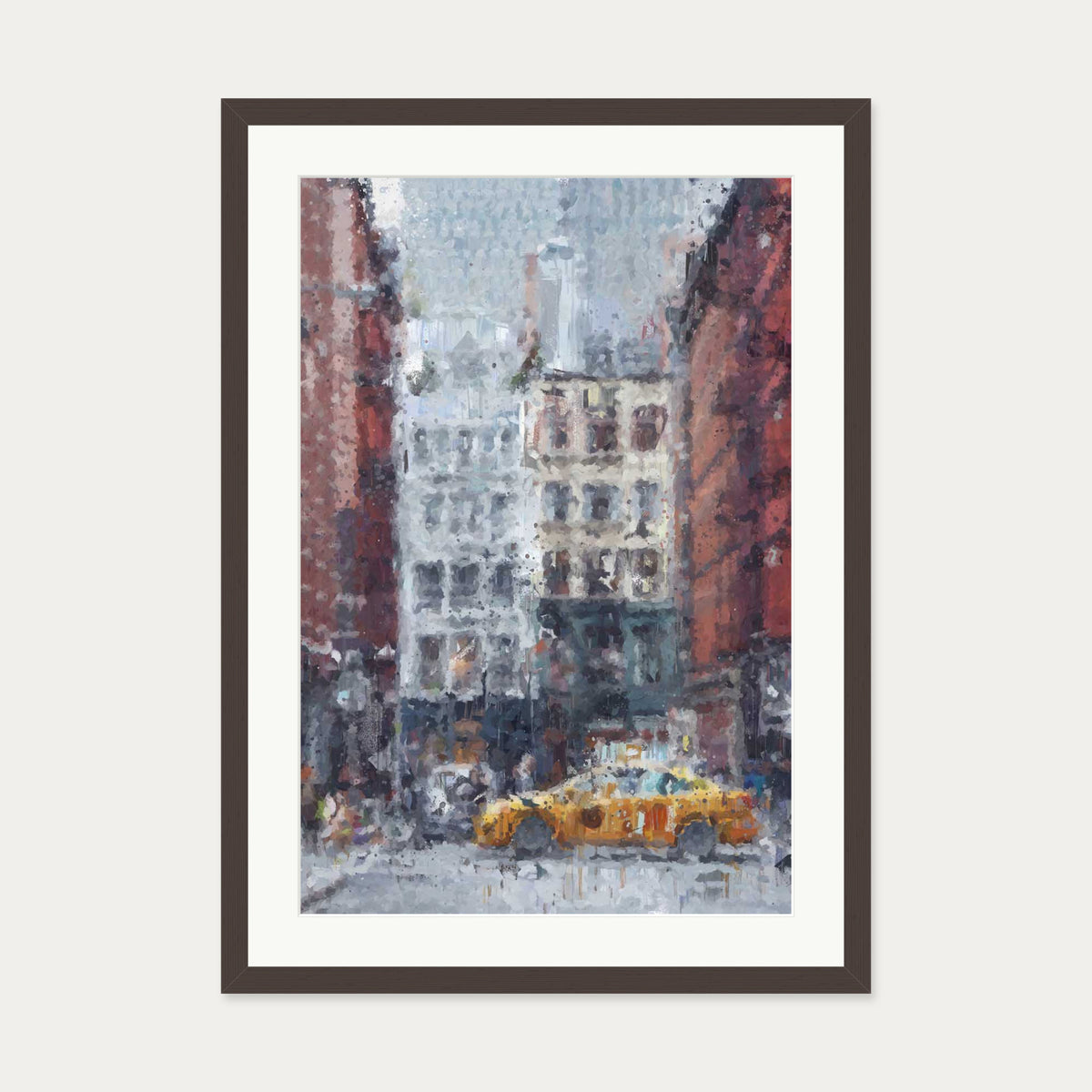 New York City Taxi Impressionist Art Print — 50 x 70 cm — Brown Frame