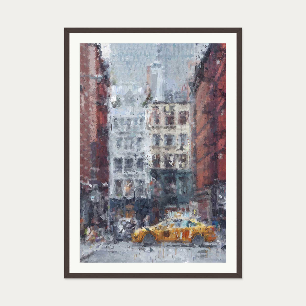New York City Taxi Impressionist Art Print — 70 x 100 cm — Brown Frame