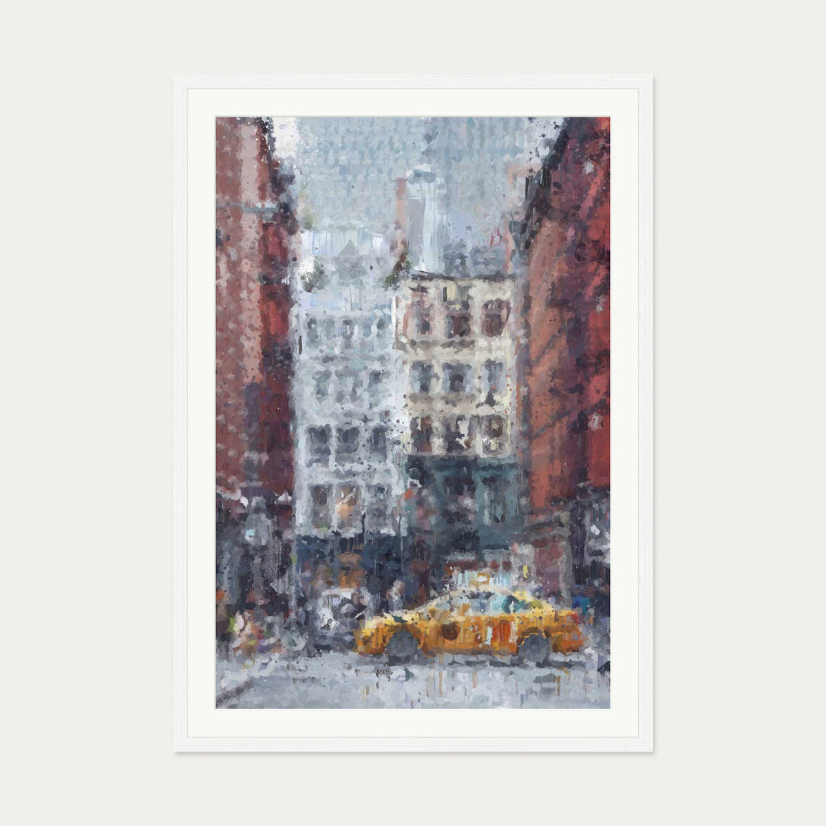 New York City Taxi Impressionist Art Print — 70 x 100 cm — White Frame
