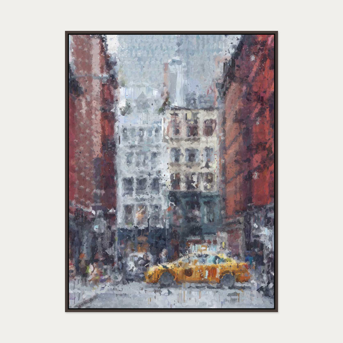 New York Taxi Impressionist Painting Canvas Art — 90 x 120 cm — Brown Frame