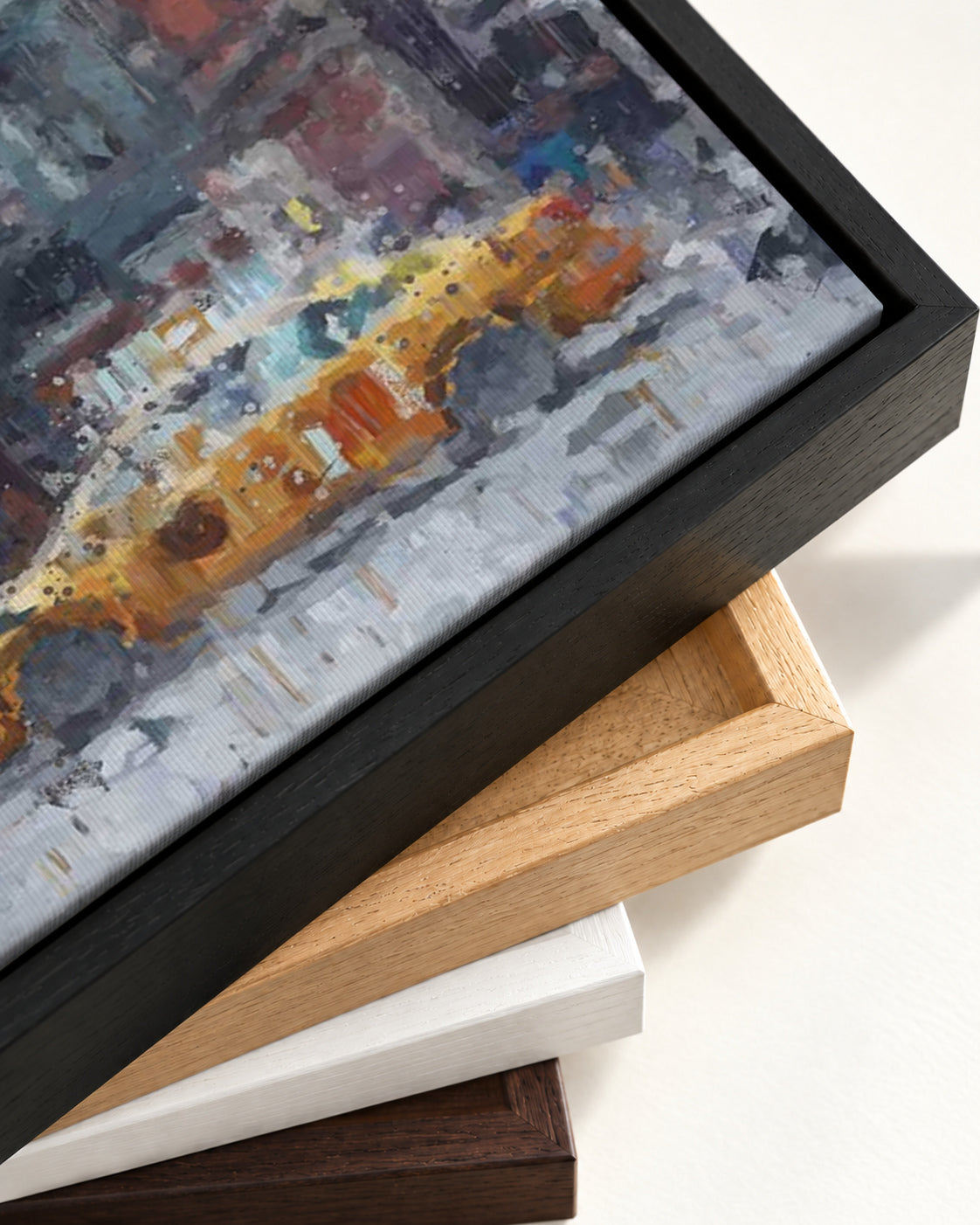 New York Taxi Impressionist Painting Canvas Art — framed canvas corner and wrapped canvas detail