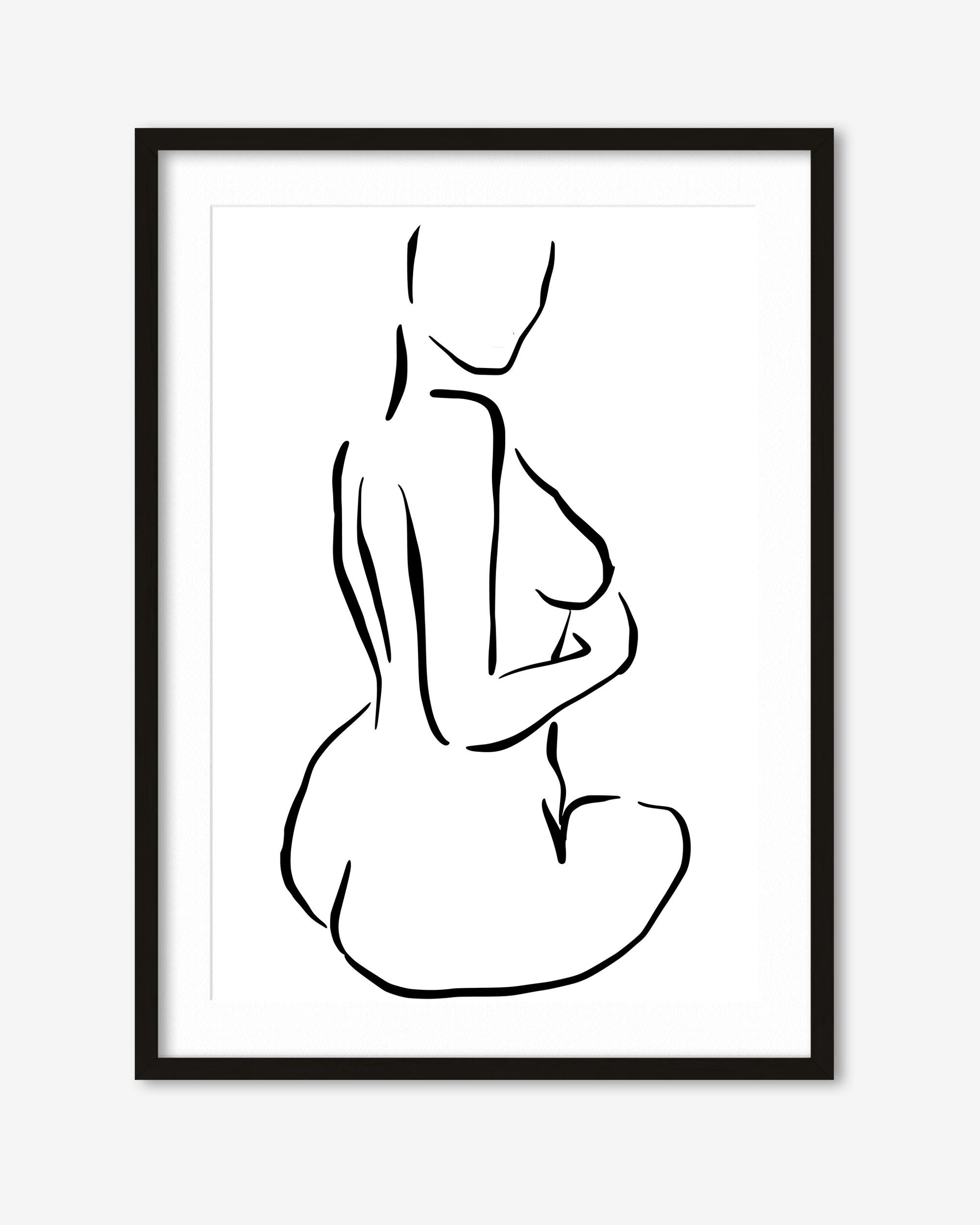 Framed black line art of a nude figure on a white background