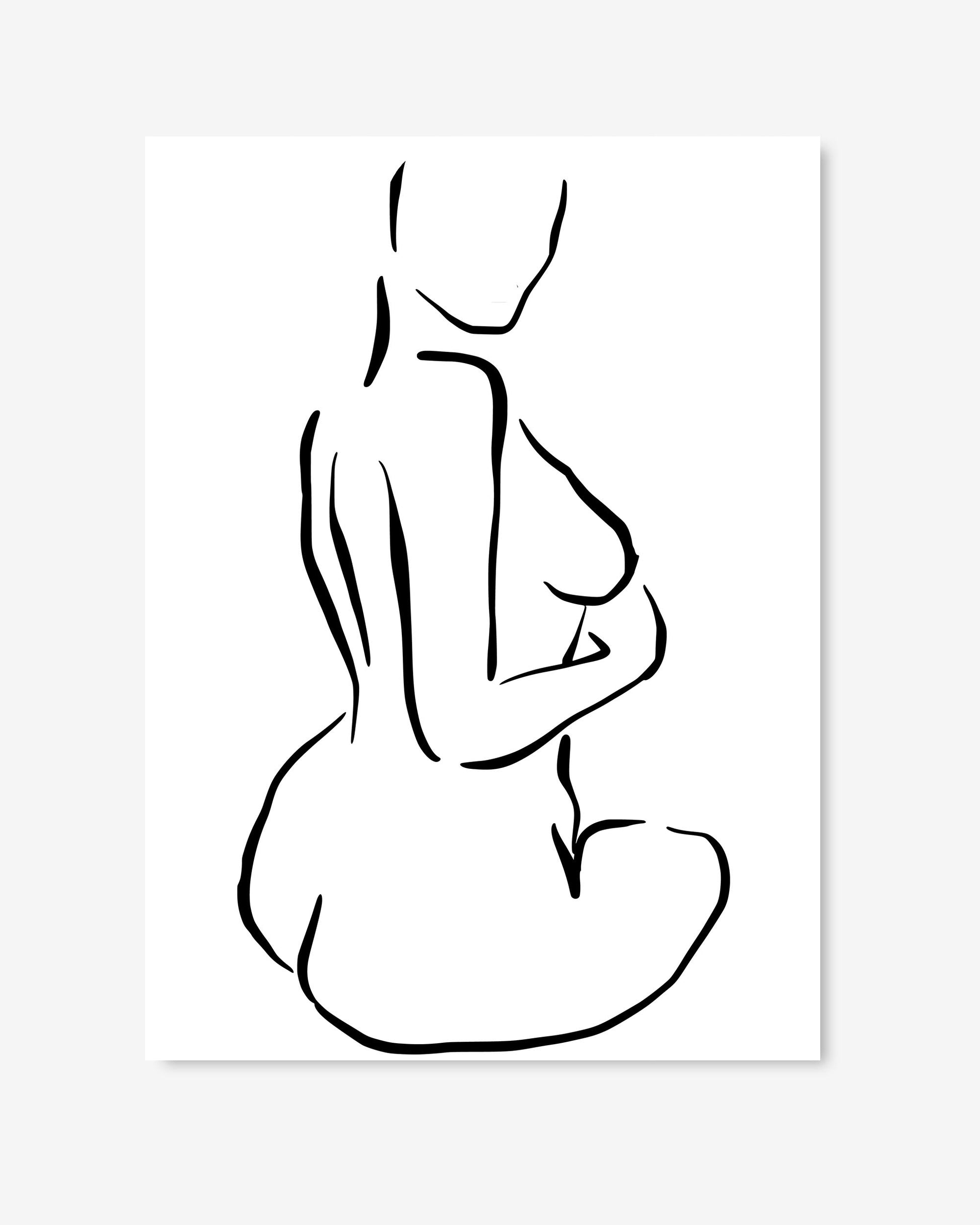 Black line art of a nude figure on a white background
