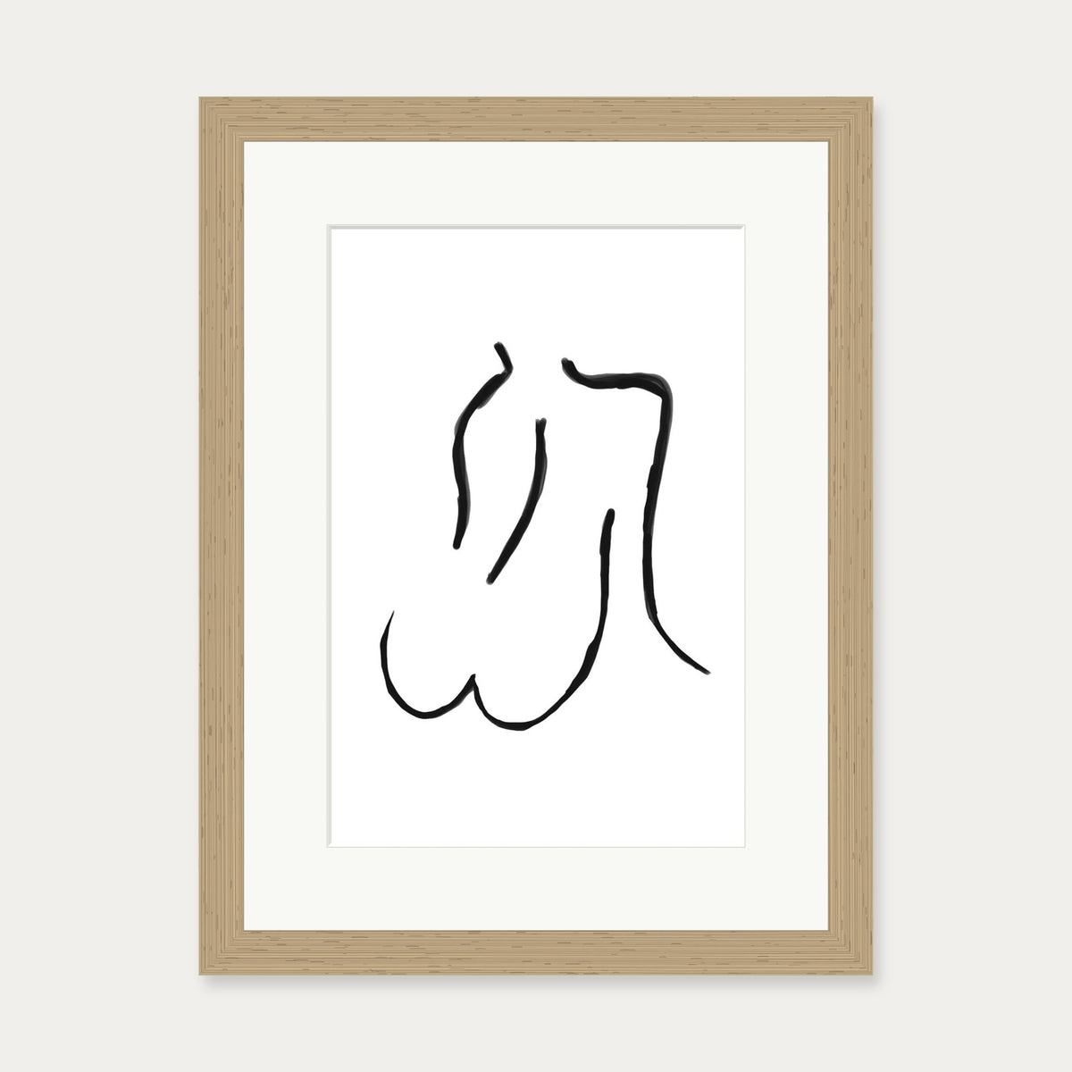 Nude Line Art Drawing Art Print — 30 x 40 cm — Oak Frame