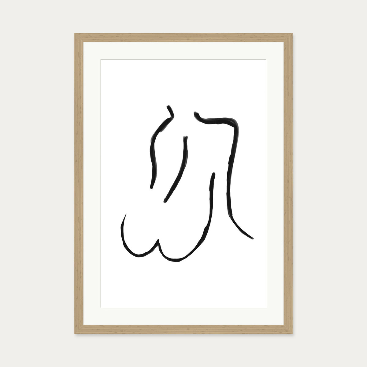 Nude Line Art Drawing Art Print — 50 x 70 cm — Oak Frame
